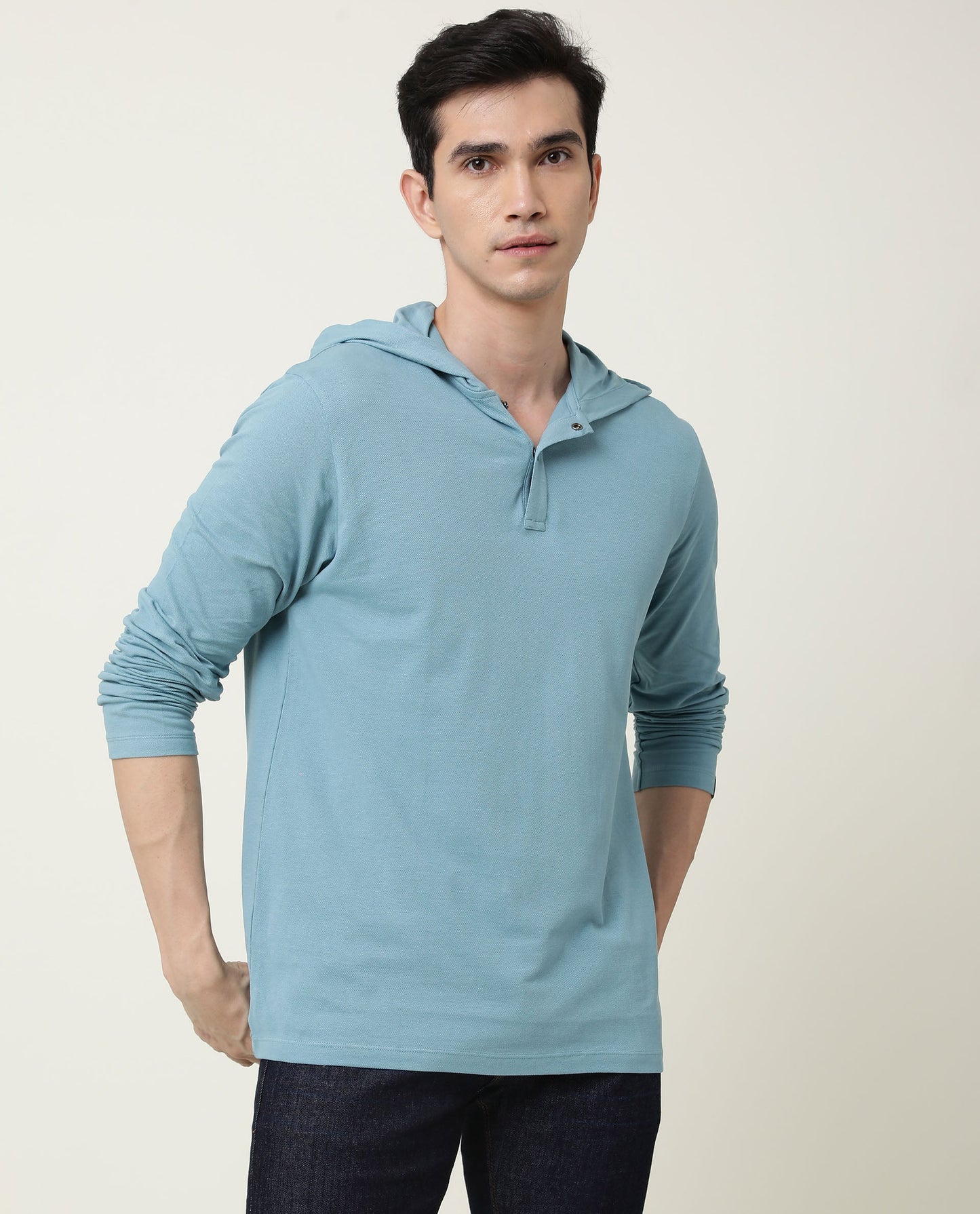 Rare Rabbit Men's Hoods Green Cotton Fabric Long Sleeves Hooded Polo T-Shirt