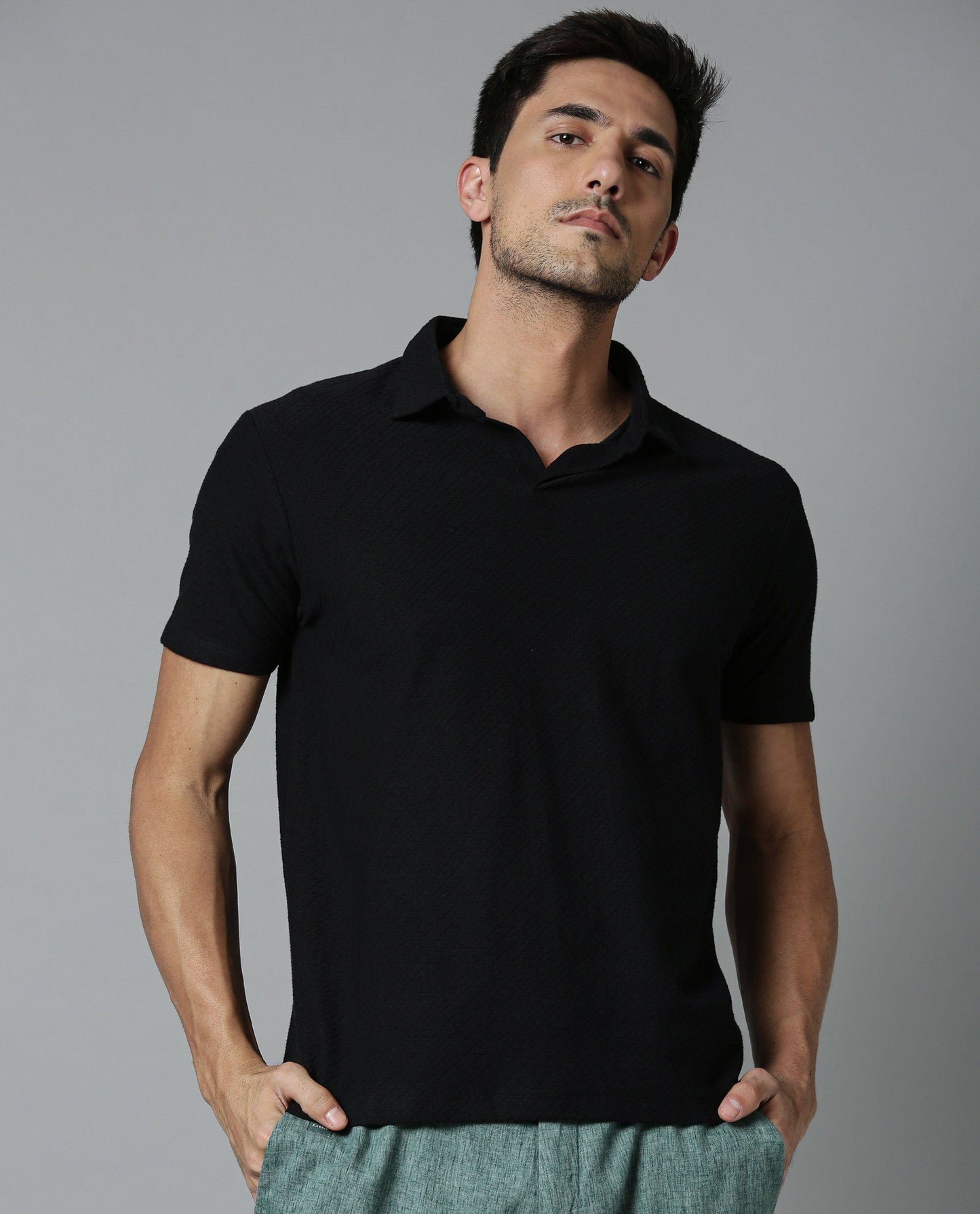 RARE RABBIT TENNA-2 PRIMARY BLACK POLO COTTON FABRIC SHORT SLEEVE POLO COLLAR SLIM FIT