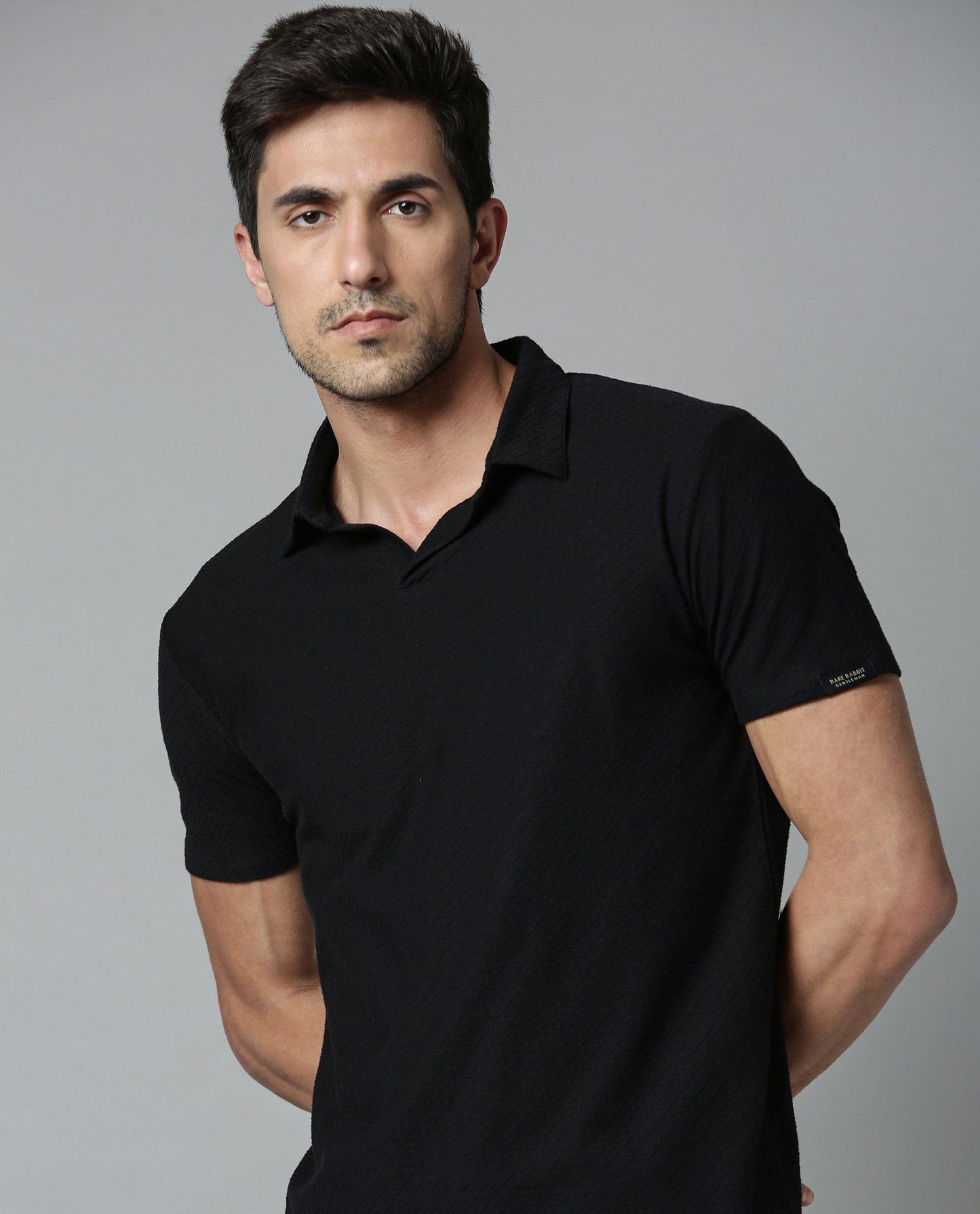 RARE RABBIT TENNA-2 PRIMARY BLACK POLO COTTON FABRIC SHORT SLEEVE POLO COLLAR SLIM FIT