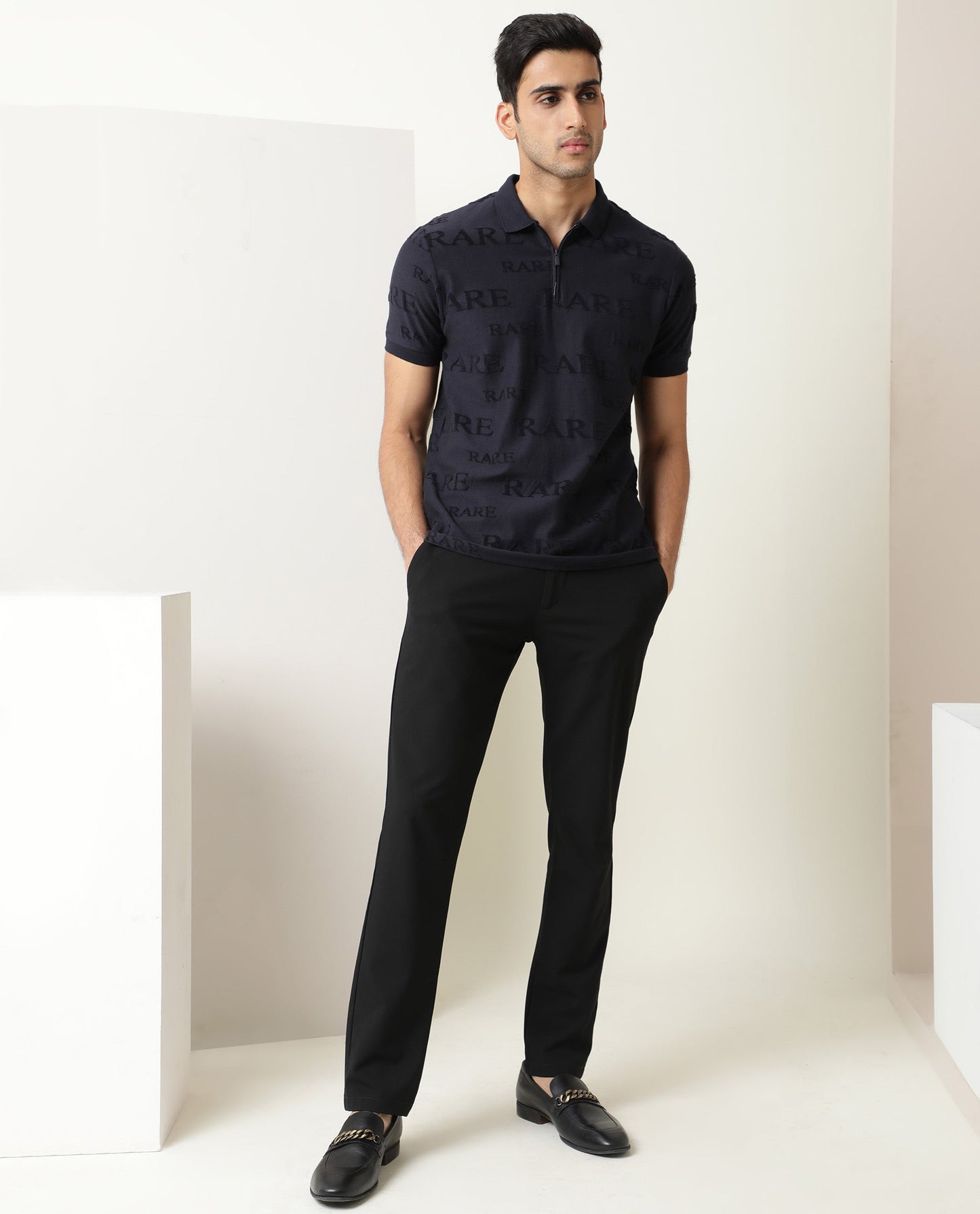 Rare Rabbit Men'S Gesset Dark Navy Polo Cotton Fabric Collared Neck Half Sleeves Zipper Closure