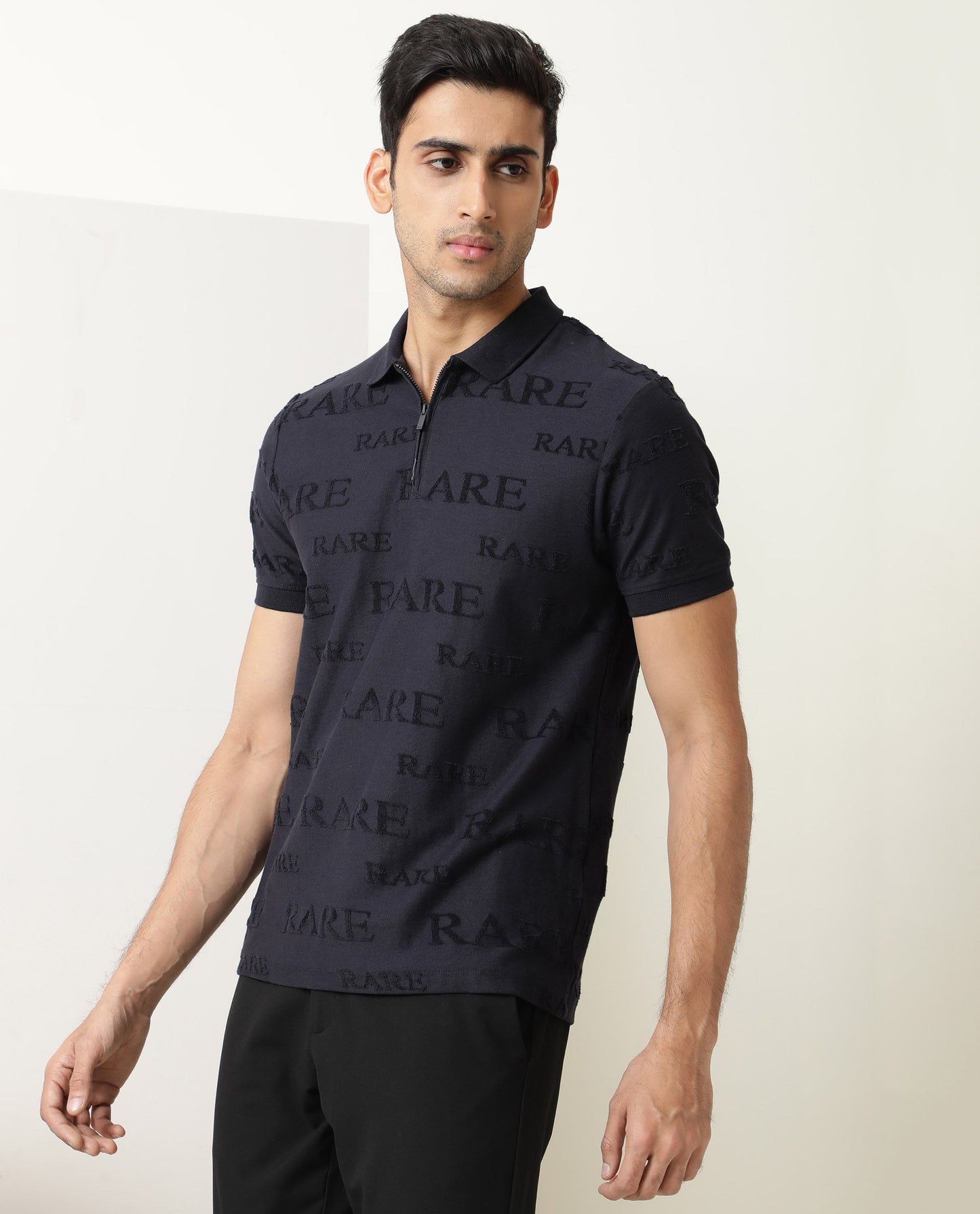 Rare Rabbit Men'S Gesset Dark Navy Polo Cotton Fabric Collared Neck Half Sleeves Zipper Closure