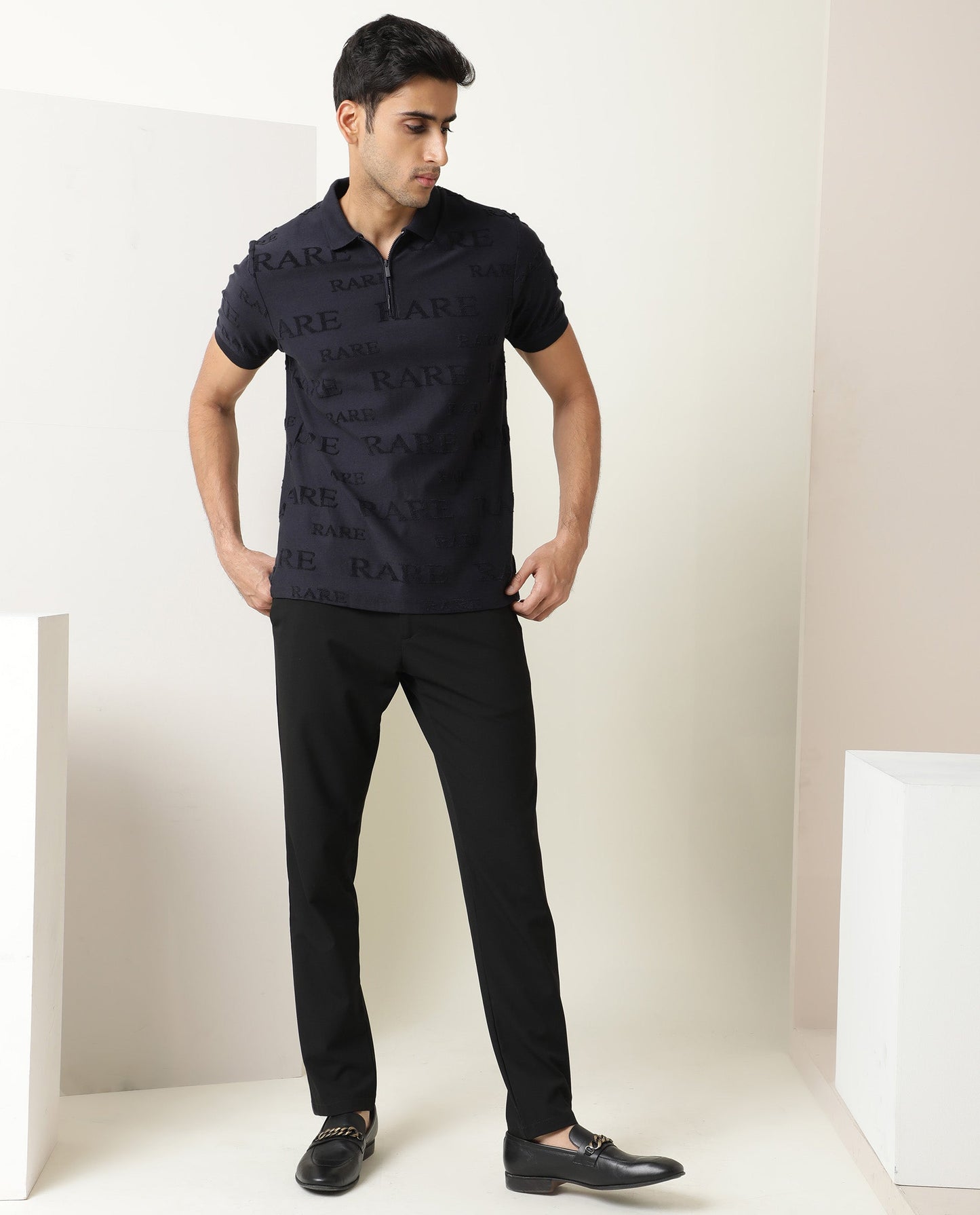 Rare Rabbit Men'S Gesset Dark Navy Polo Cotton Fabric Collared Neck Half Sleeves Zipper Closure