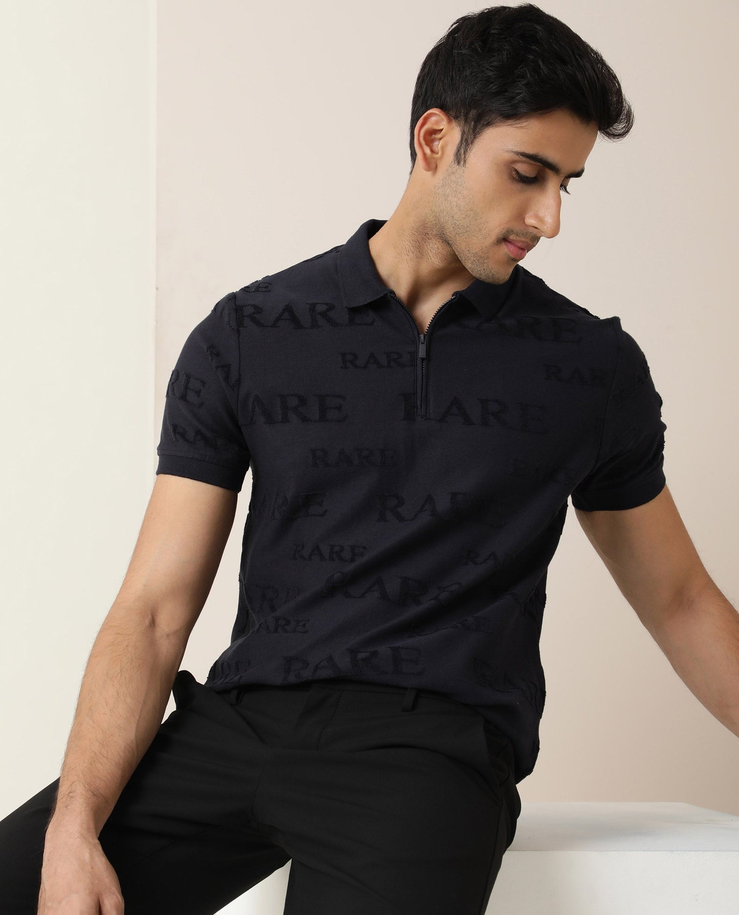 Rare Rabbit Men'S Gesset Dark Navy Polo Cotton Fabric Collared Neck Half Sleeves Zipper Closure