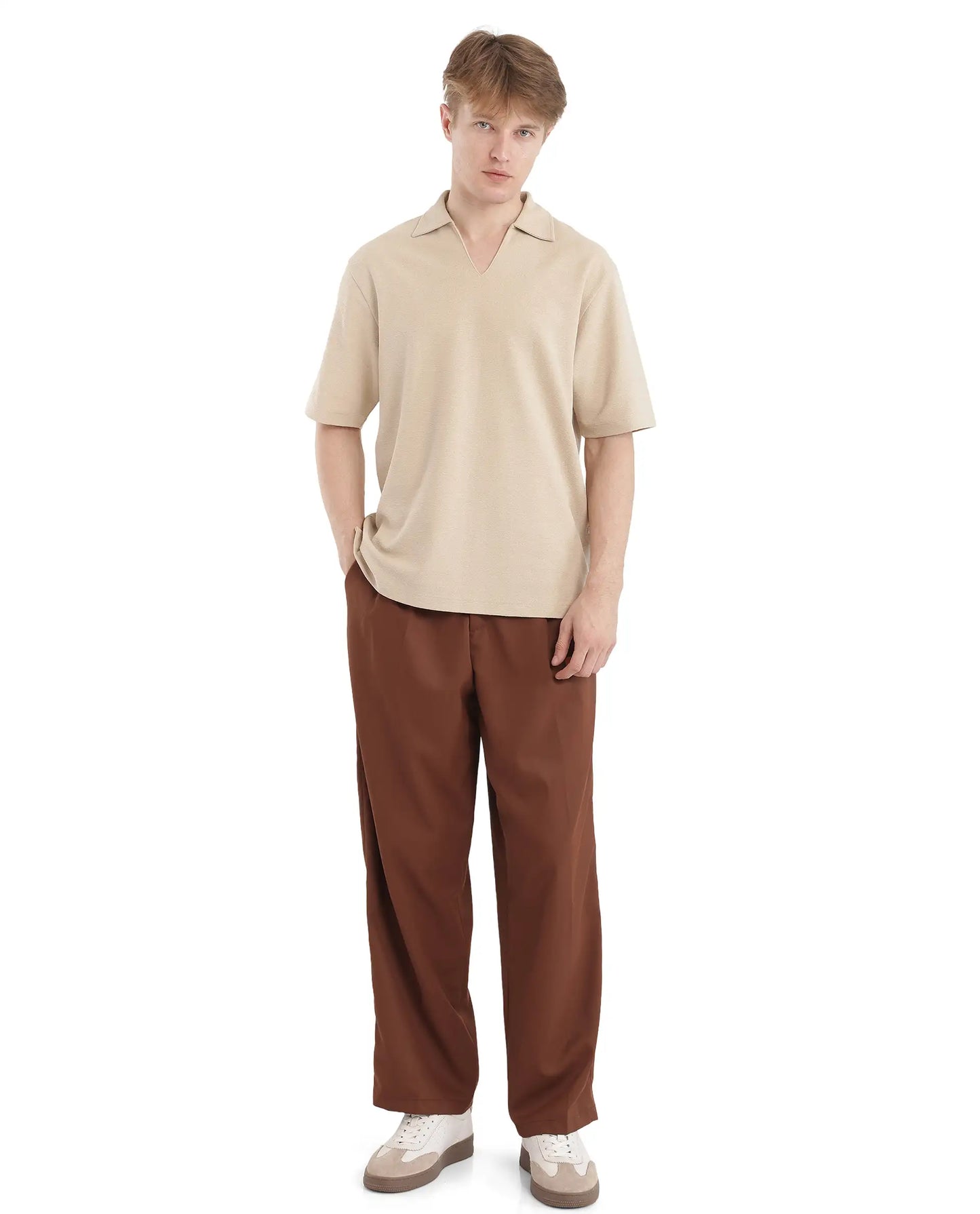 Rare Rabbit Men Jawal Beige Cotton Poly Fabric Short Sleeve Open Collar Oversized Fit Plain Polo