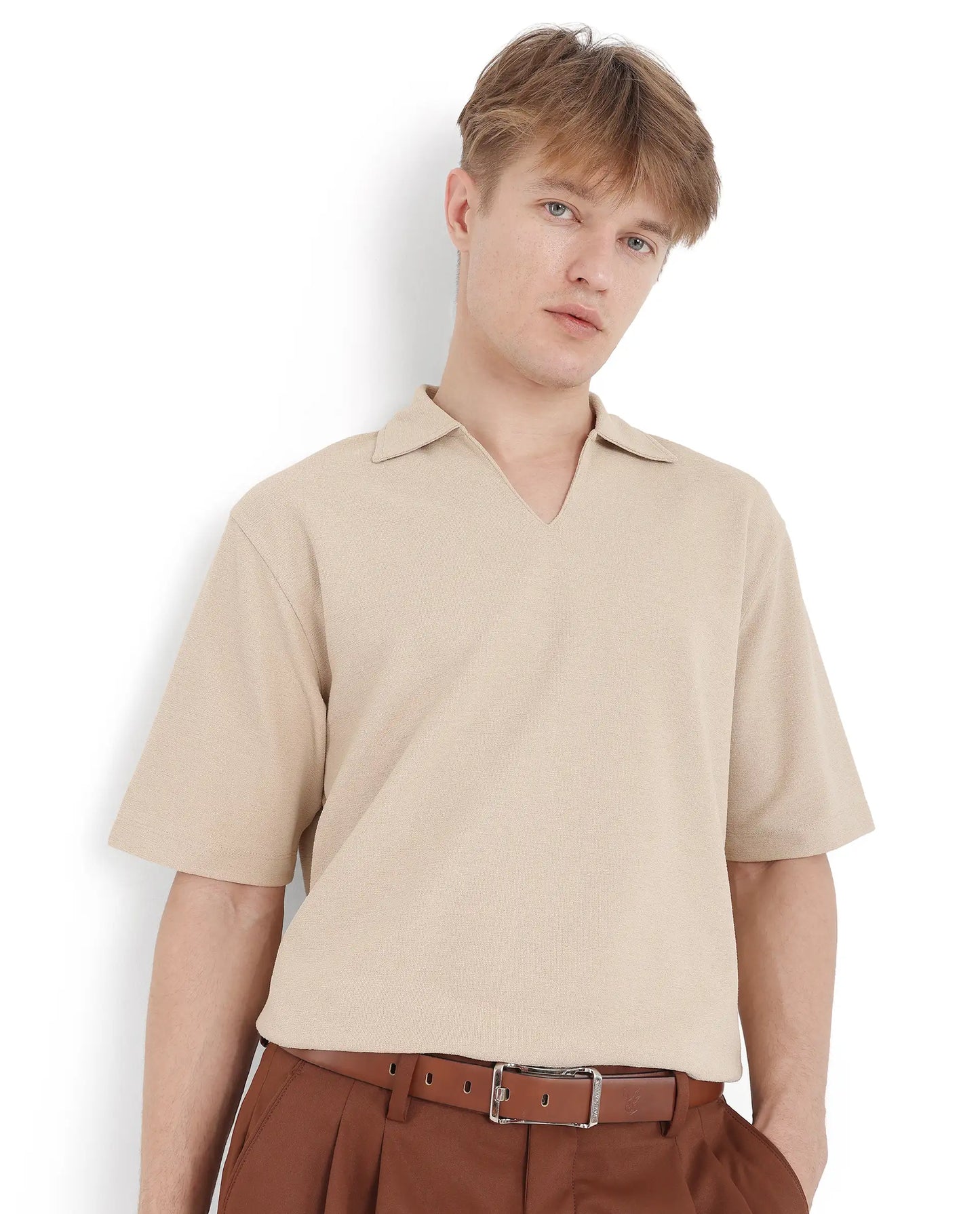Rare Rabbit Men Jawal Beige Cotton Poly Fabric Short Sleeve Open Collar Oversized Fit Plain Polo