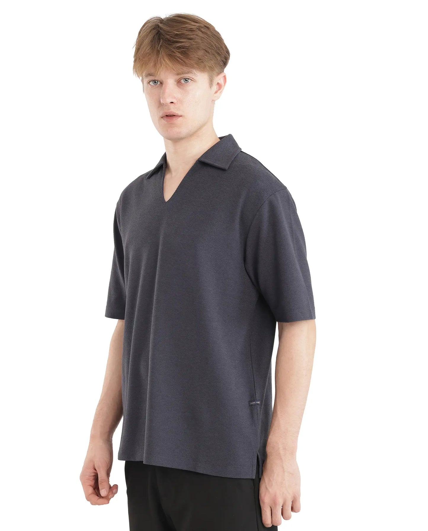 Rare Rabbit Men Jawal Navy Cotton Poly Fabric Short Sleeve Open Collar Oversized Fit Plain Polo