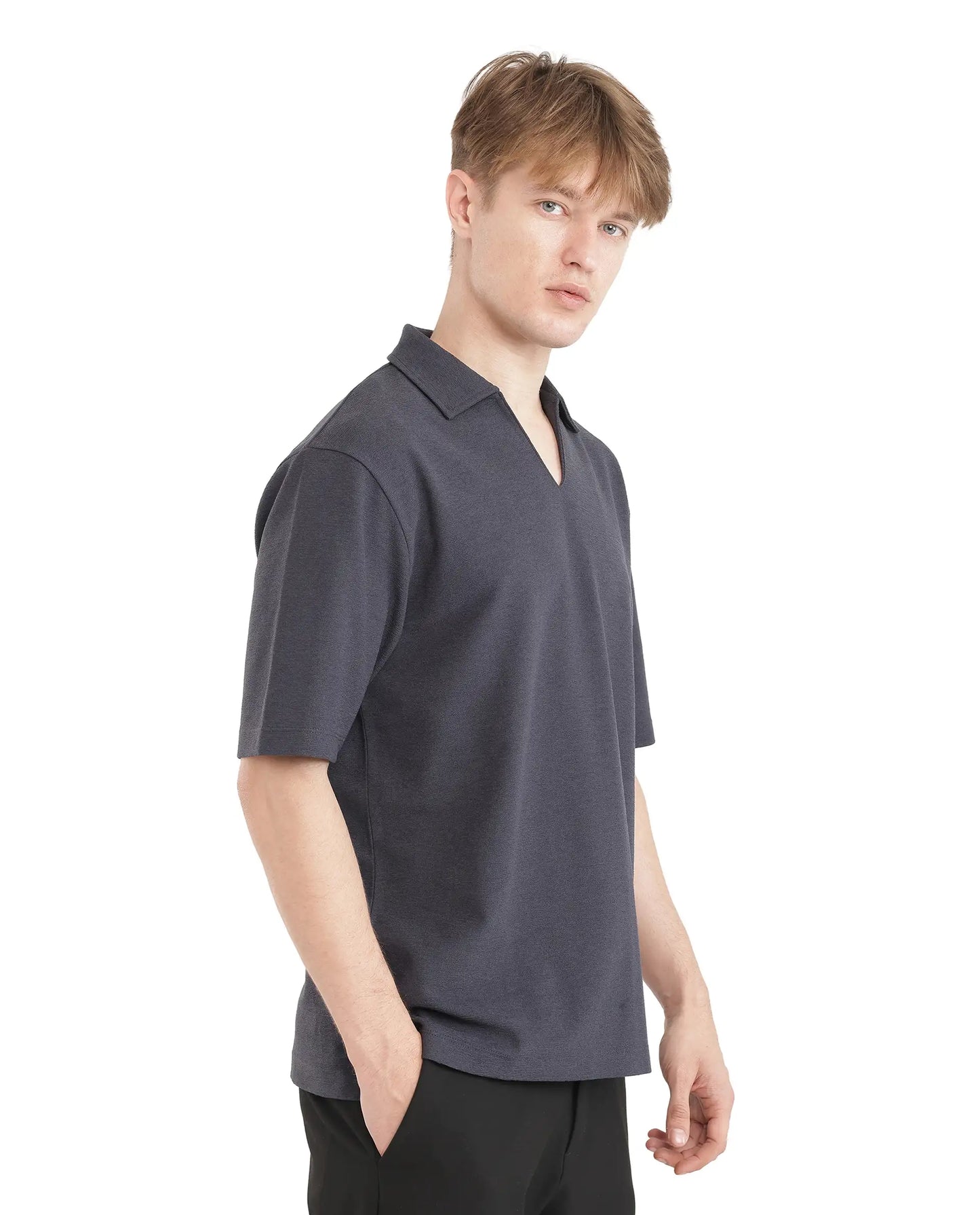 Rare Rabbit Men Jawal Navy Cotton Poly Fabric Short Sleeve Open Collar Oversized Fit Plain Polo