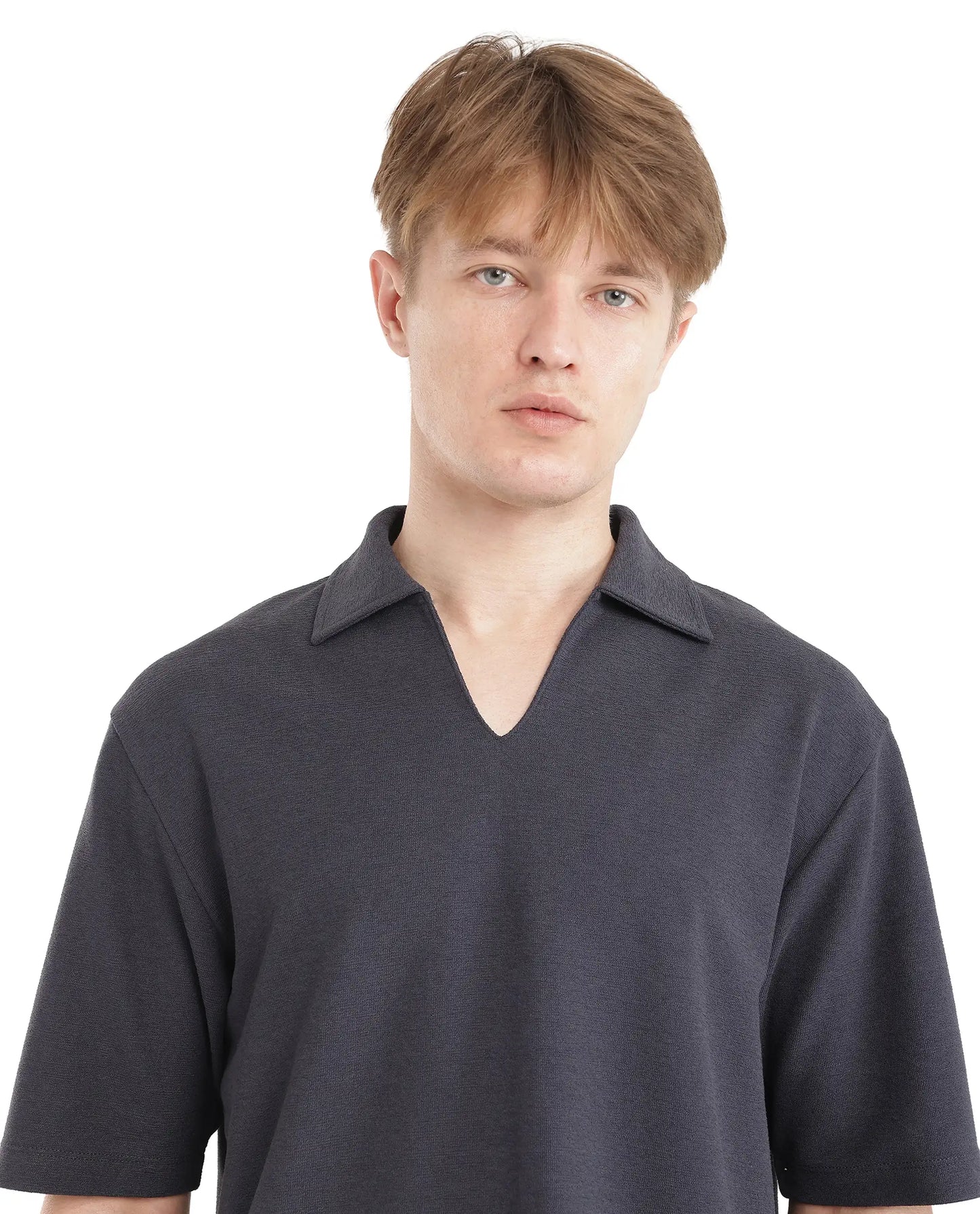 Rare Rabbit Men Jawal Navy Cotton Poly Fabric Short Sleeve Open Collar Oversized Fit Plain Polo