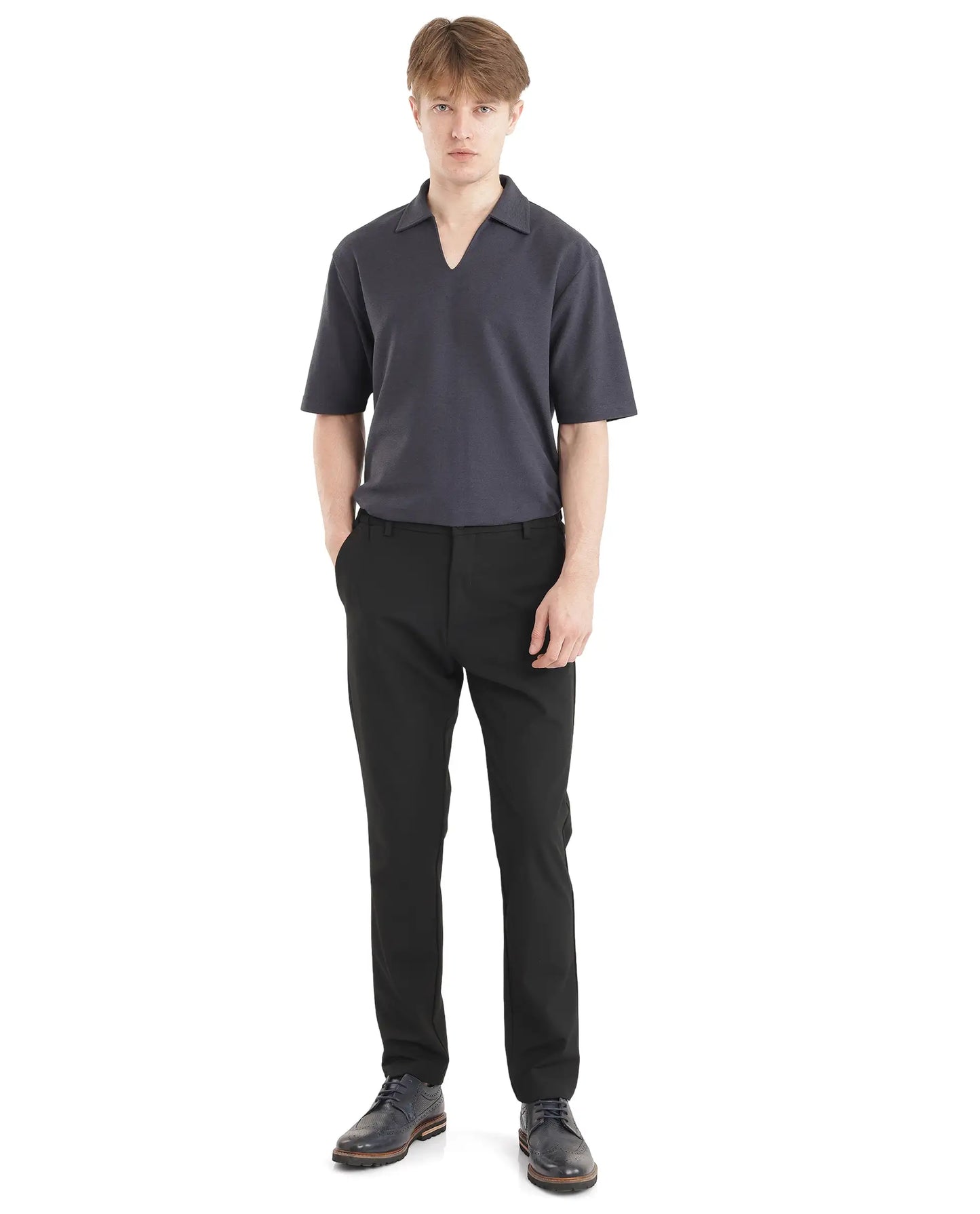 Rare Rabbit Men Jawal Navy Cotton Poly Fabric Short Sleeve Open Collar Oversized Fit Plain Polo