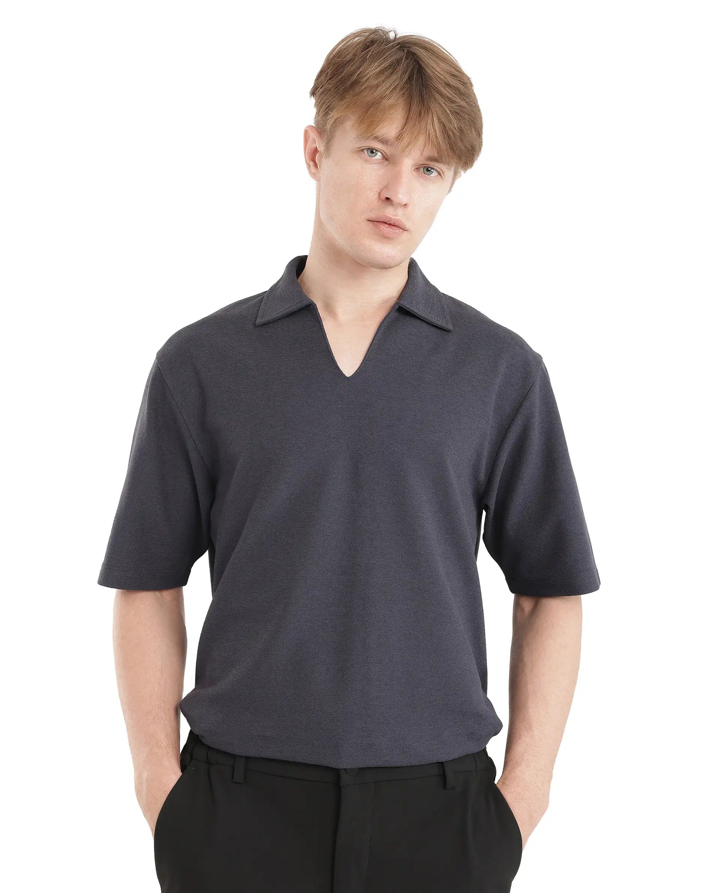 Rare Rabbit Men Jawal Navy Cotton Poly Fabric Short Sleeve Open Collar Oversized Fit Plain Polo