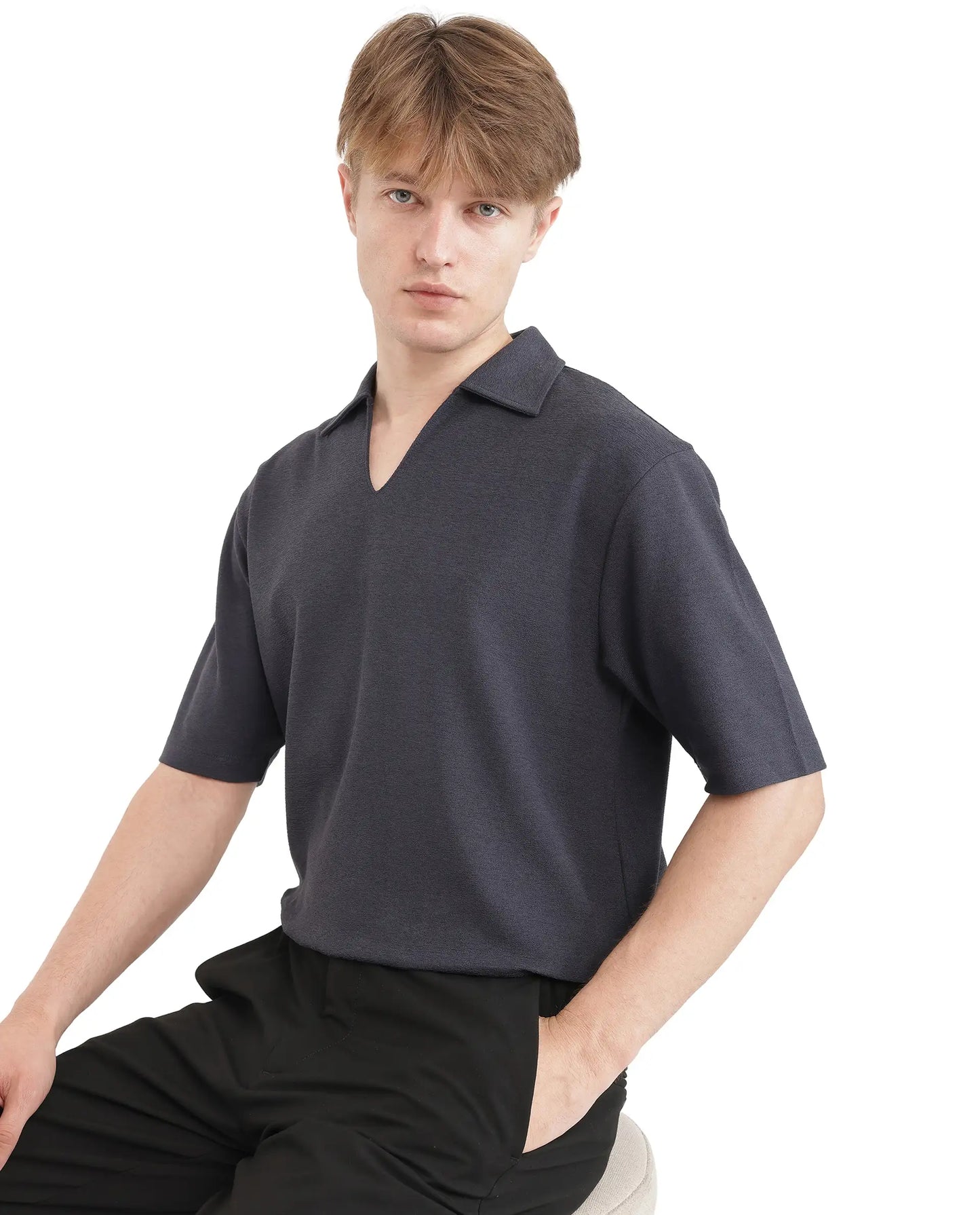 Rare Rabbit Men Jawal Navy Cotton Poly Fabric Short Sleeve Open Collar Oversized Fit Plain Polo