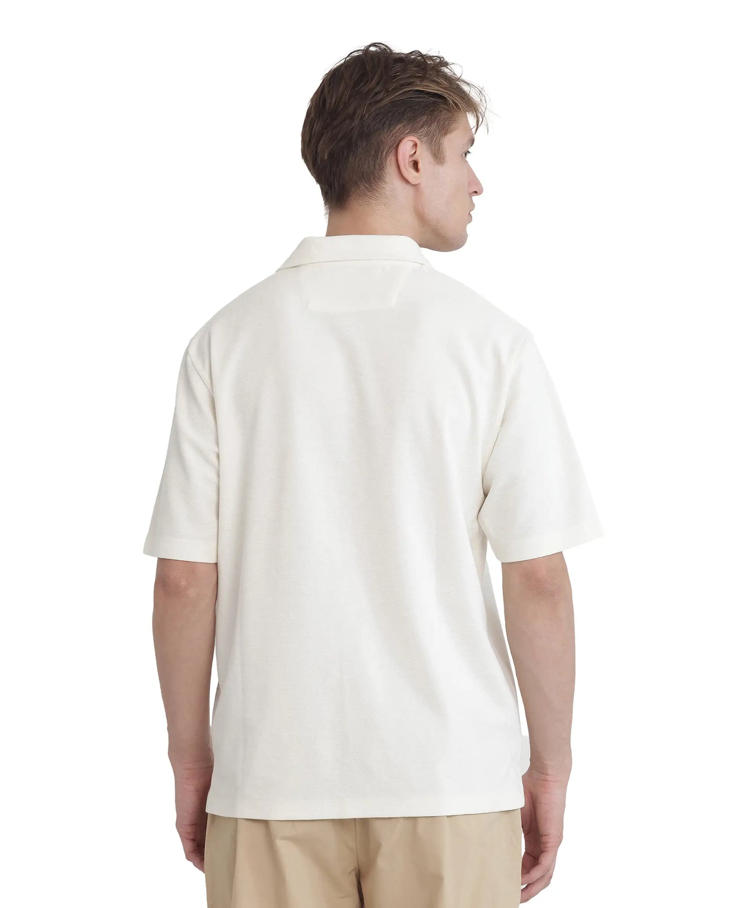 Rare Rabbit Men Jawal Off White Cotton Poly Fabric Short Sleeve Open Collar Oversized Fit Plain Polo