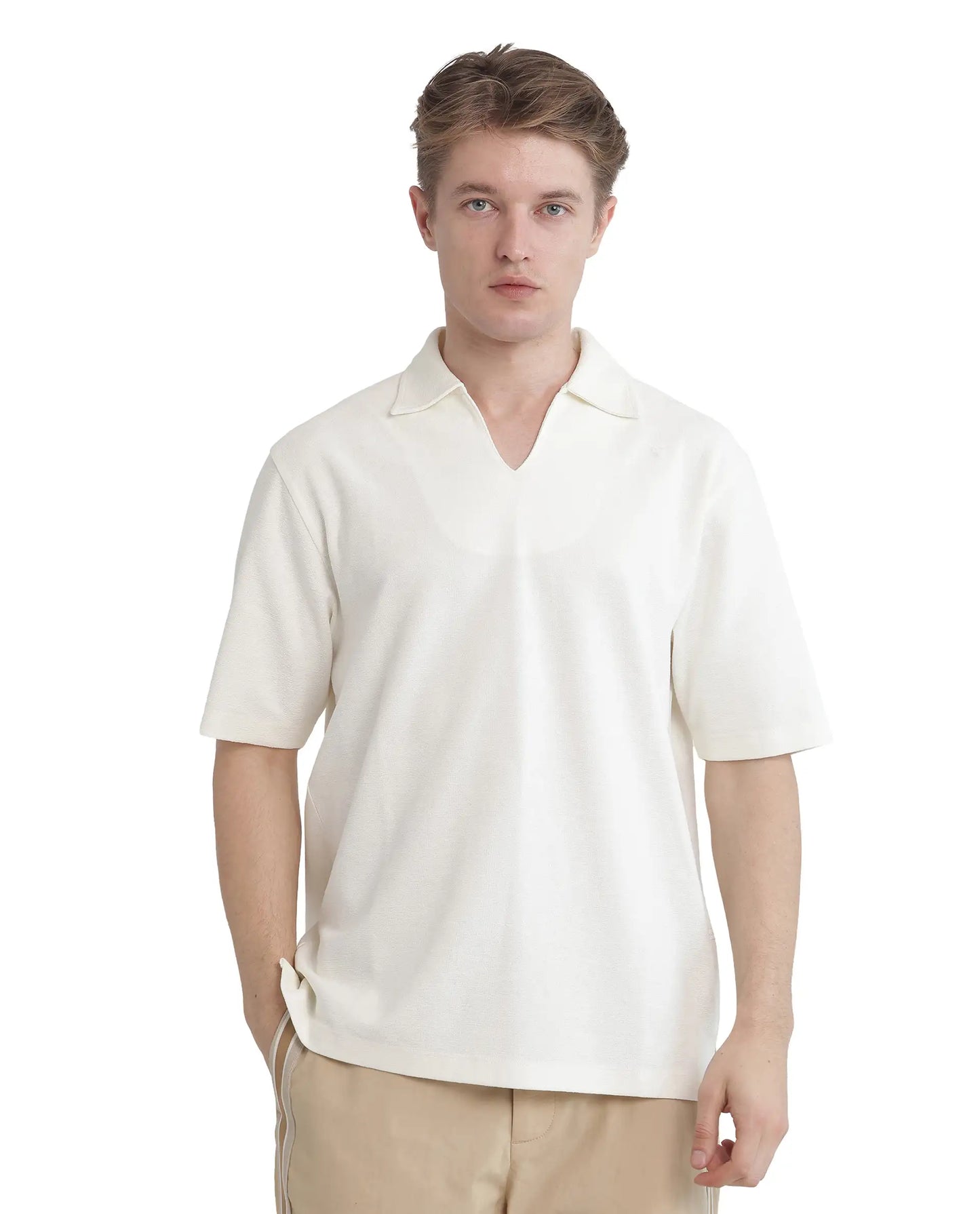 Rare Rabbit Men Jawal Off White Cotton Poly Fabric Short Sleeve Open Collar Oversized Fit Plain Polo