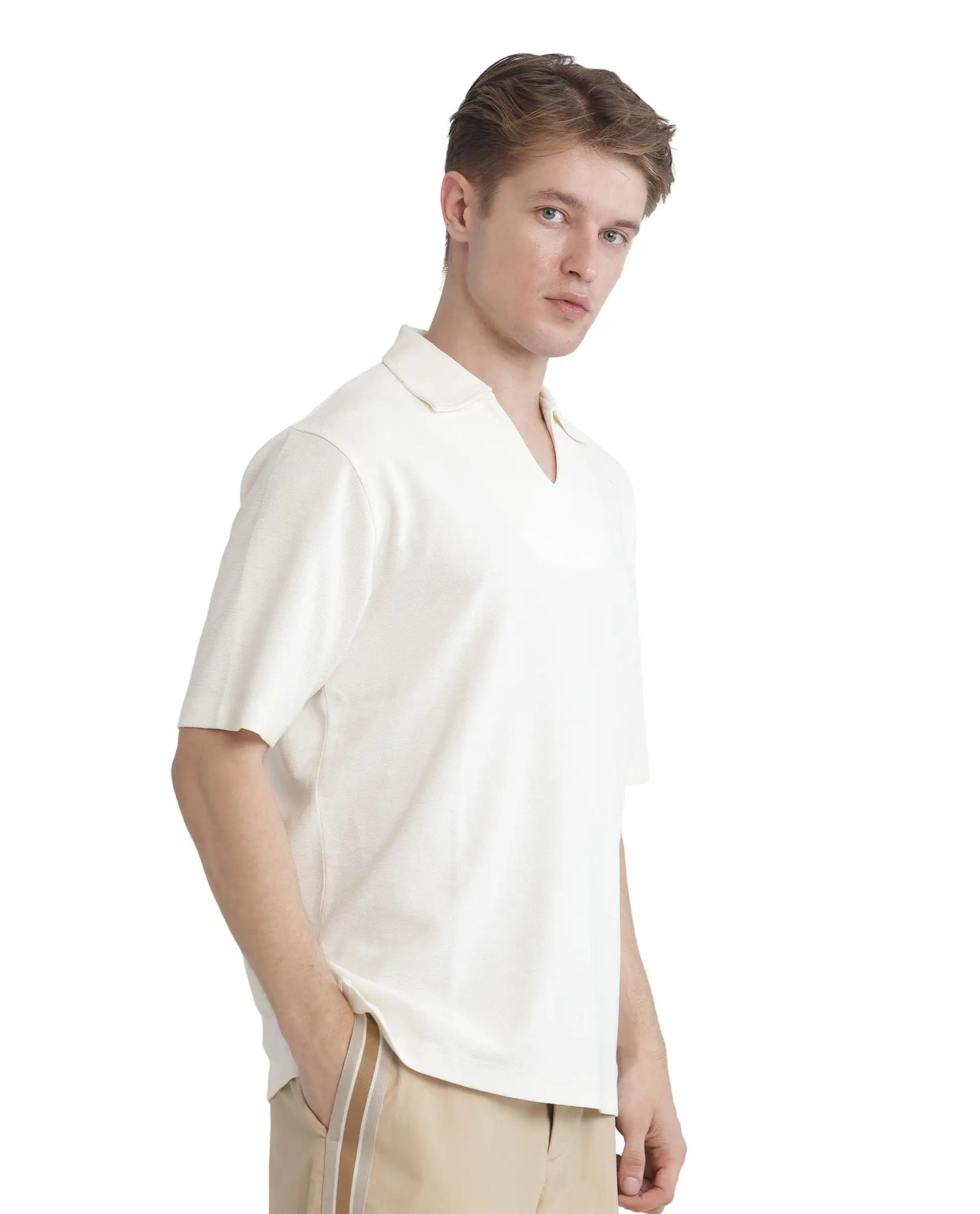Rare Rabbit Men Jawal Off White Cotton Poly Fabric Short Sleeve Open Collar Oversized Fit Plain Polo