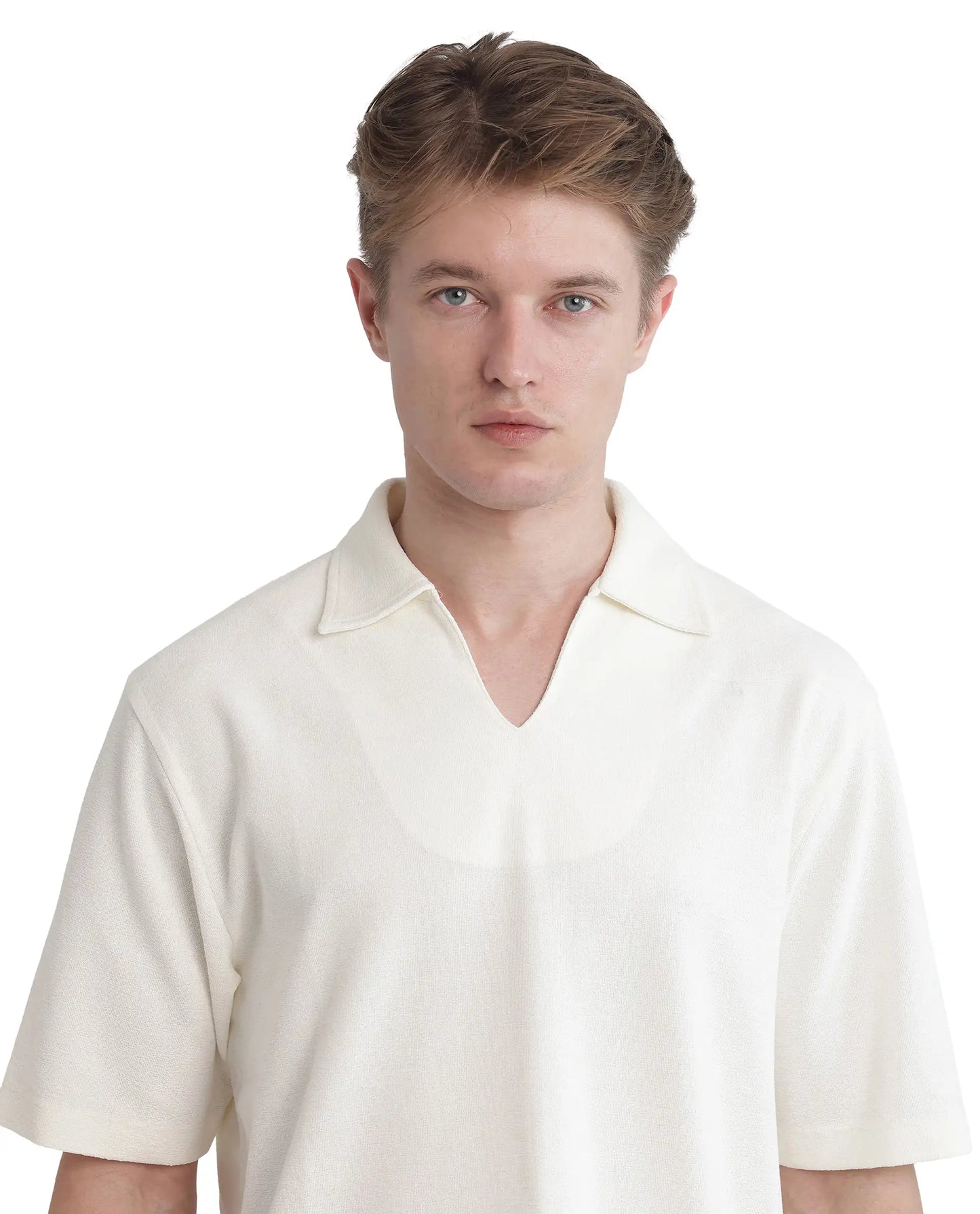 Rare Rabbit Men Jawal Off White Cotton Poly Fabric Short Sleeve Open Collar Oversized Fit Plain Polo