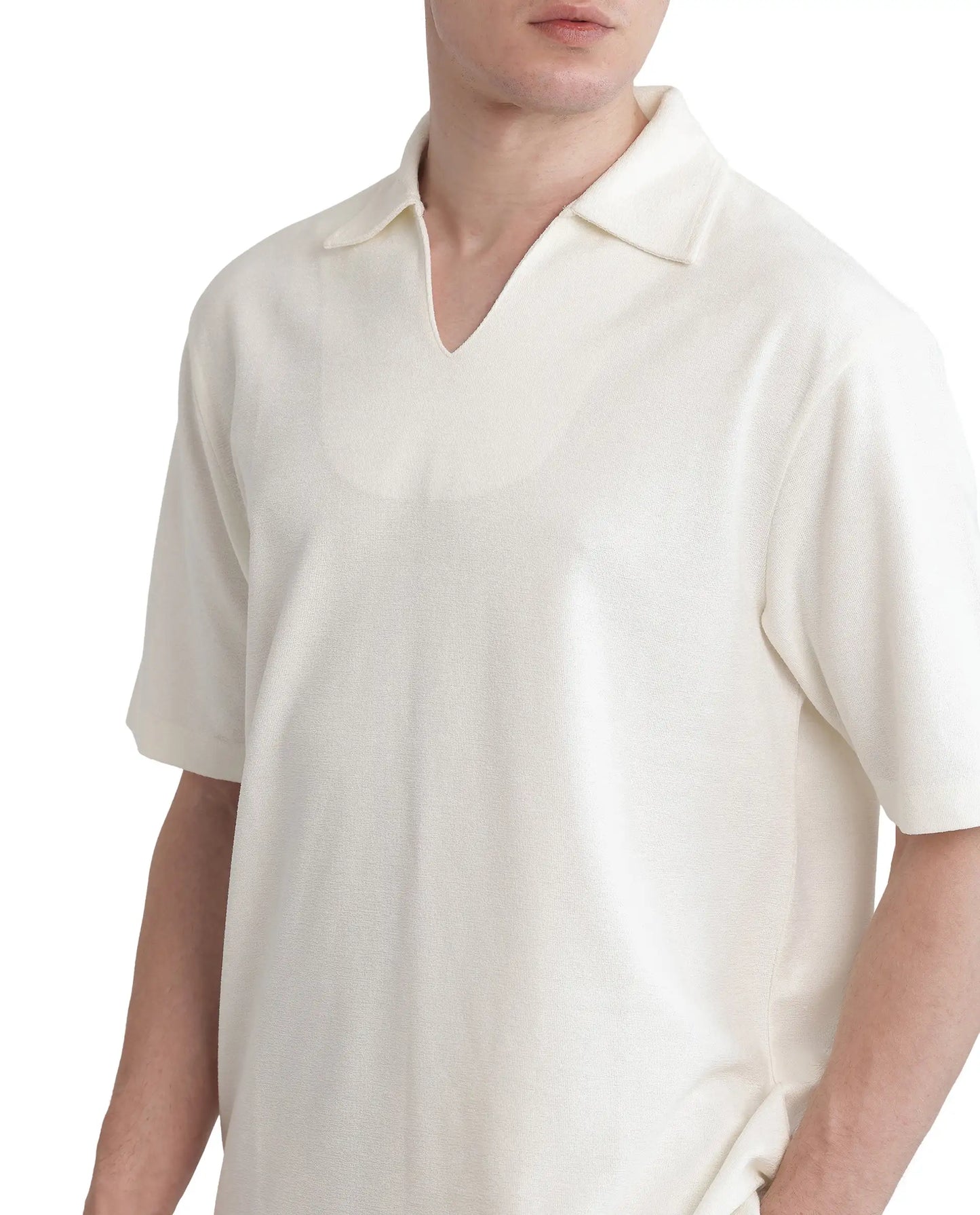 Rare Rabbit Men Jawal Off White Cotton Poly Fabric Short Sleeve Open Collar Oversized Fit Plain Polo