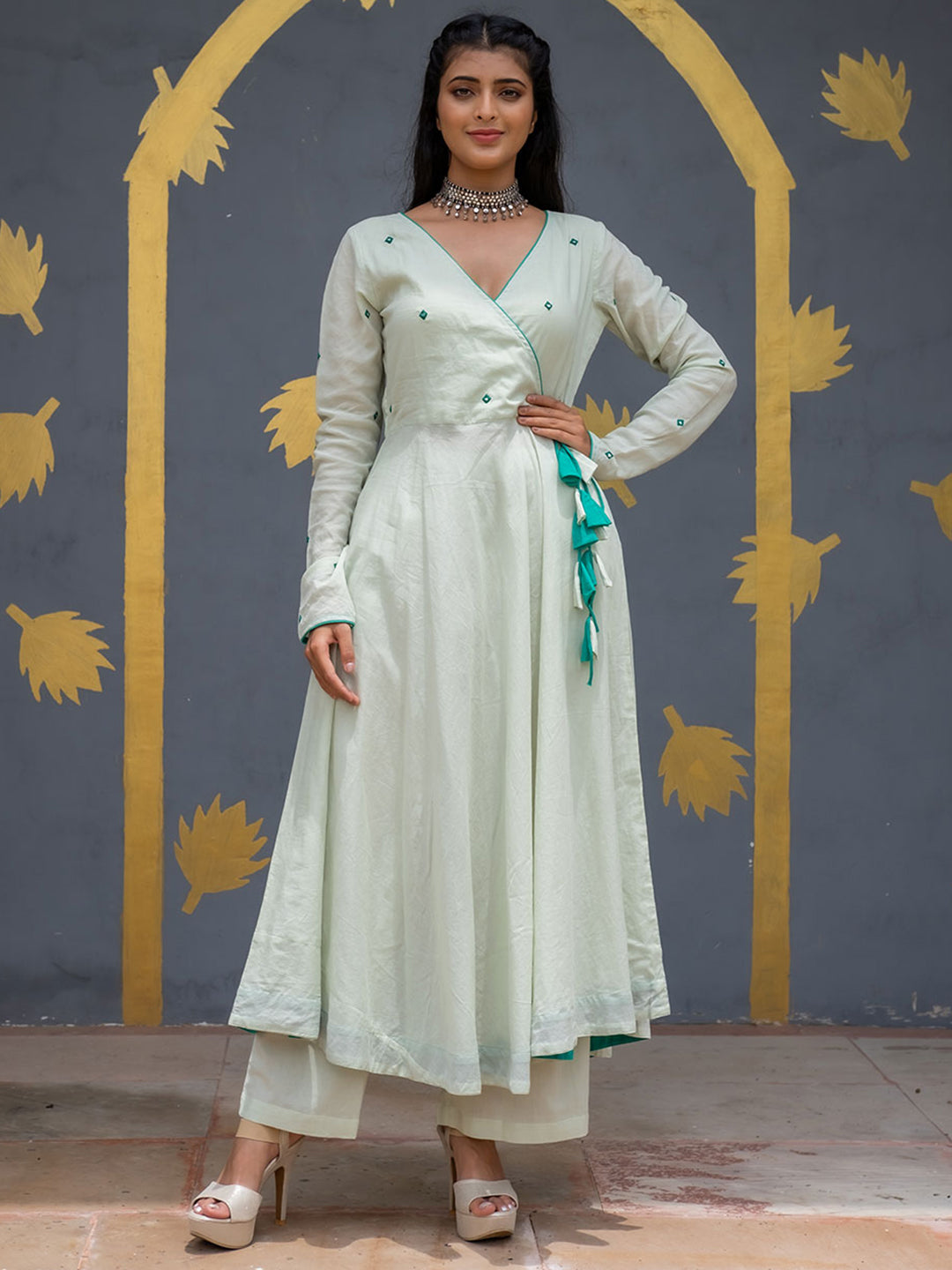 Light Green Angrakha Style Cotton Flared Kurta With Palazzos