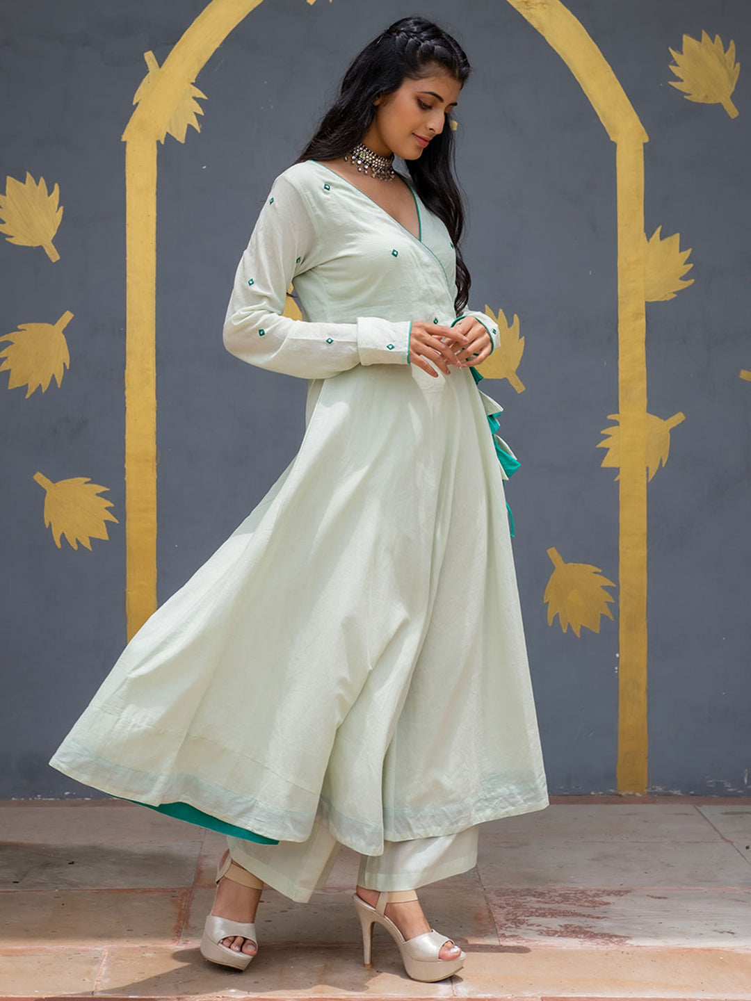 Light Green Angrakha Style Cotton Flared Kurta With Palazzos