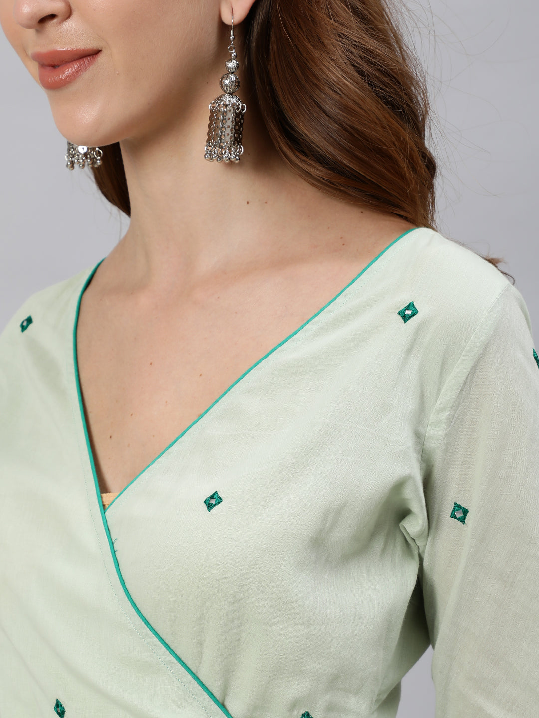 Light Green Angrakha Style Cotton Flared Kurta With Palazzos