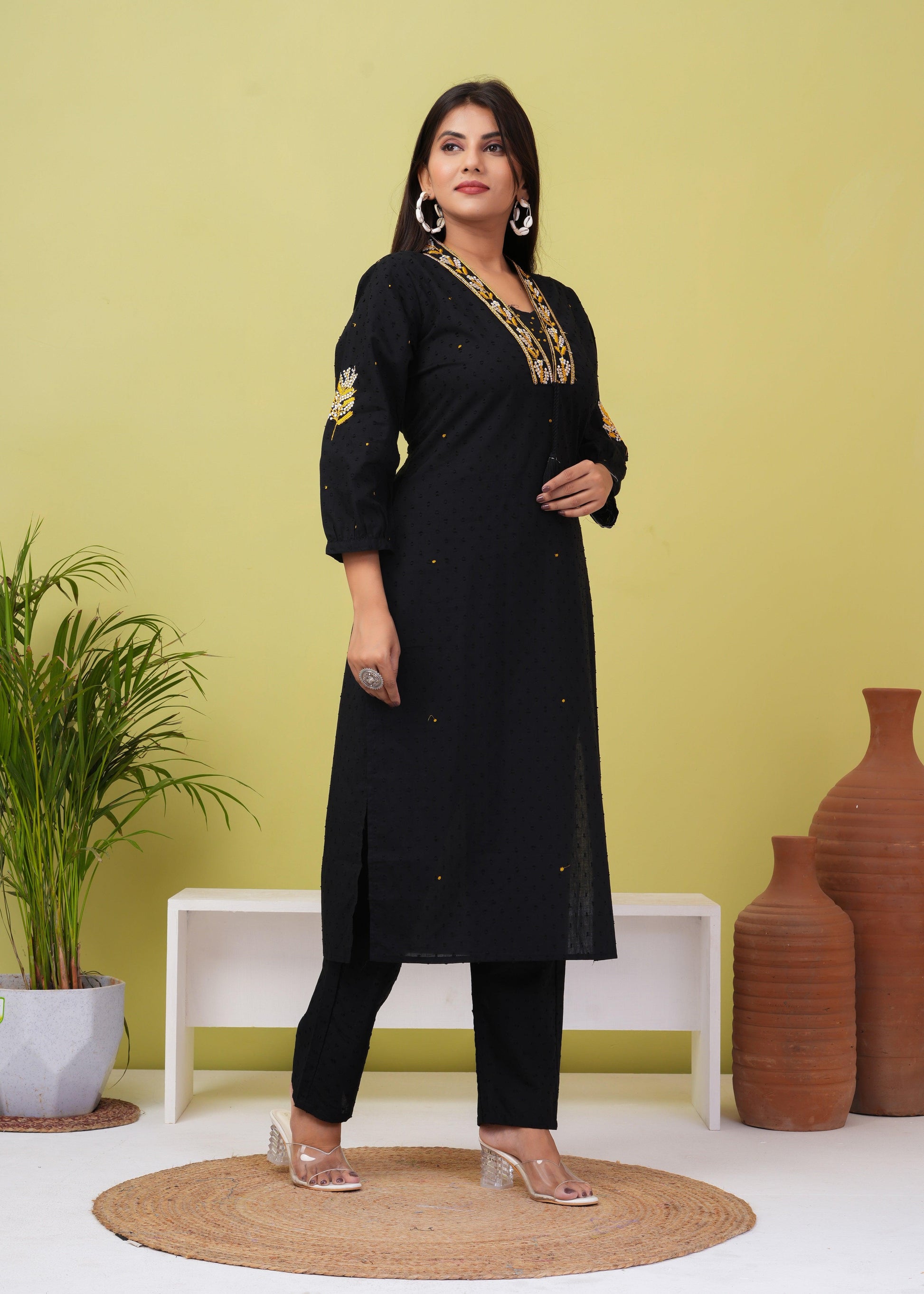 Black Embroidered Boota Cotton Kurta and Pant Set