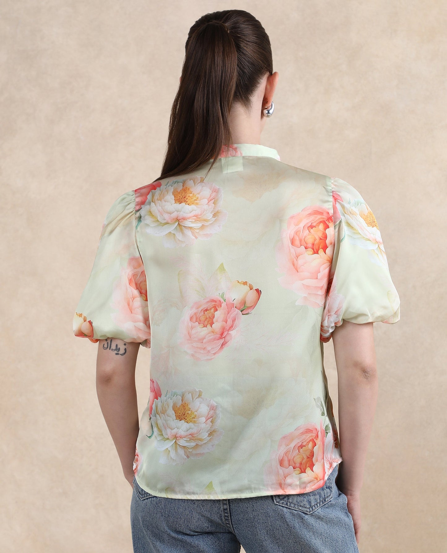 Rareism Women Jurino Light Green Balloon Sleeve Mandarin Neck Floral Print Top