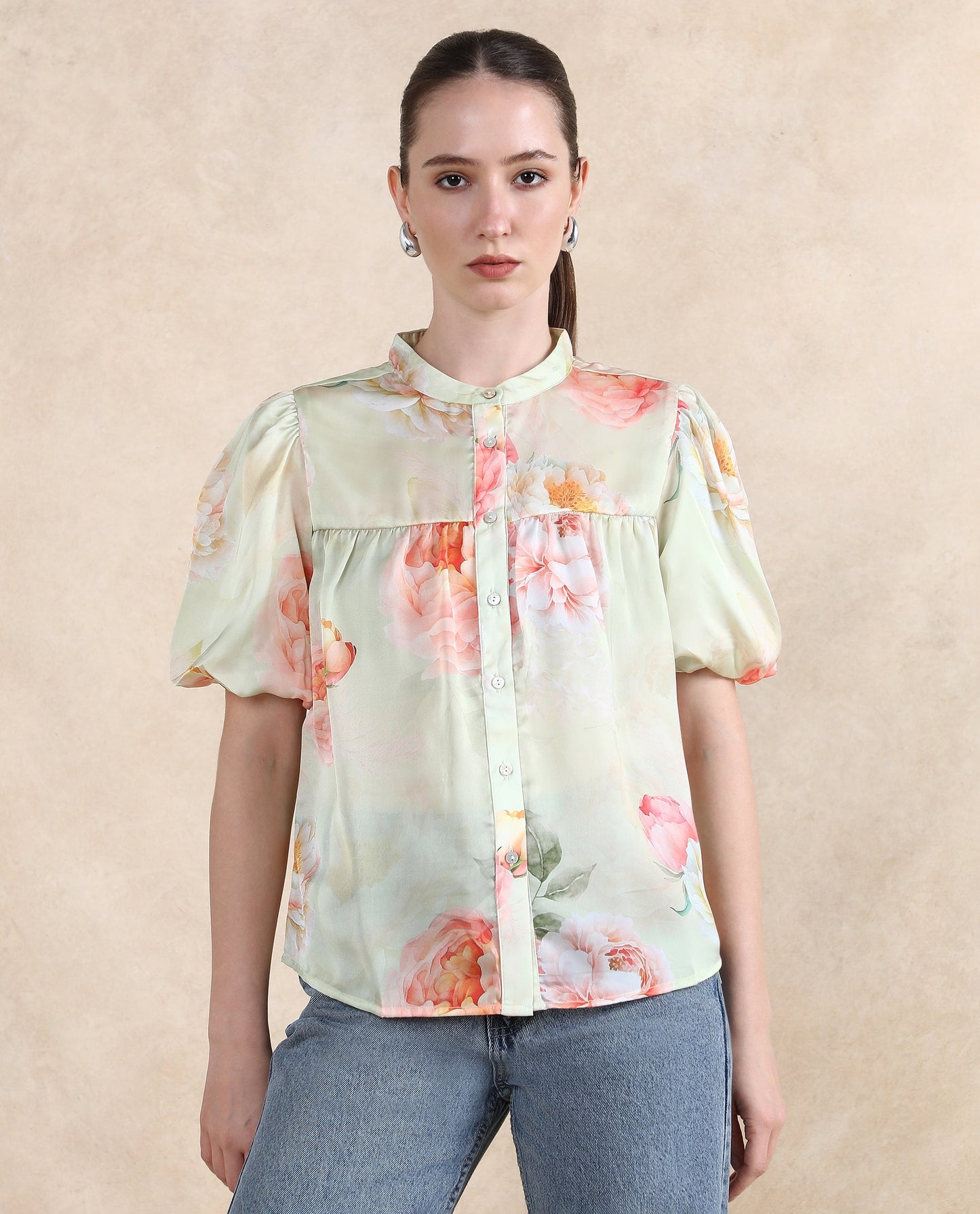 Rareism Women Jurino Light Green Balloon Sleeve Mandarin Neck Floral Print Top