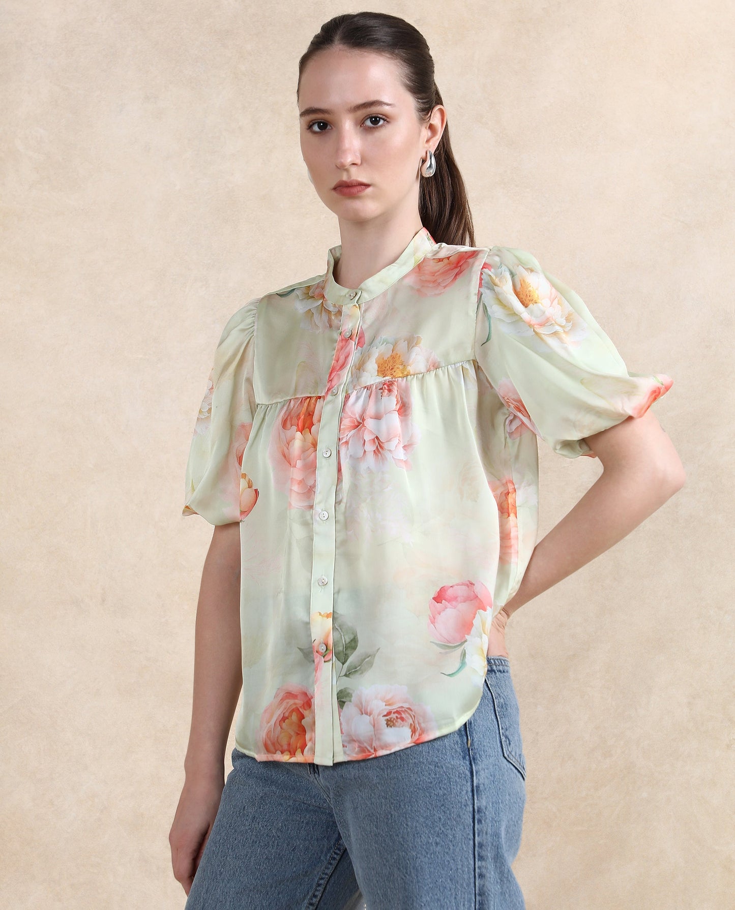 Rareism Women Jurino Light Green Balloon Sleeve Mandarin Neck Floral Print Top