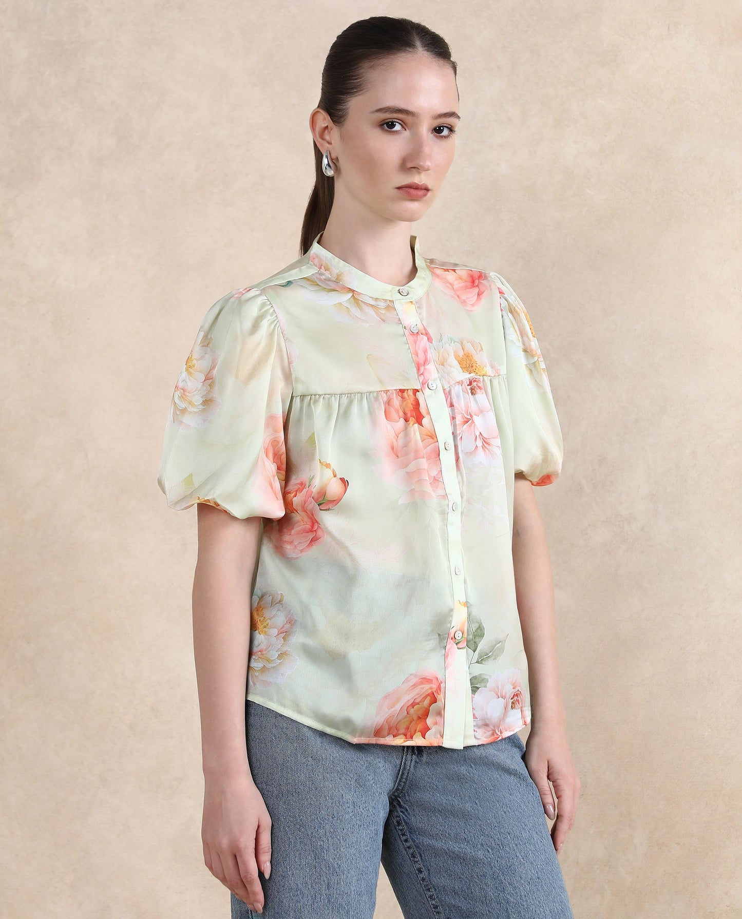 Rareism Women Jurino Light Green Balloon Sleeve Mandarin Neck Floral Print Top