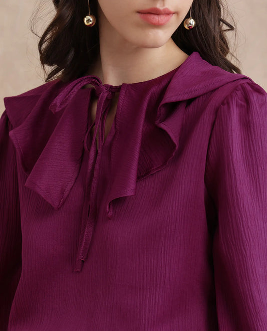 Rareism Women Karabuk Purple Cuffed Sleeve Tie-Up Neck Cropped Plain Top