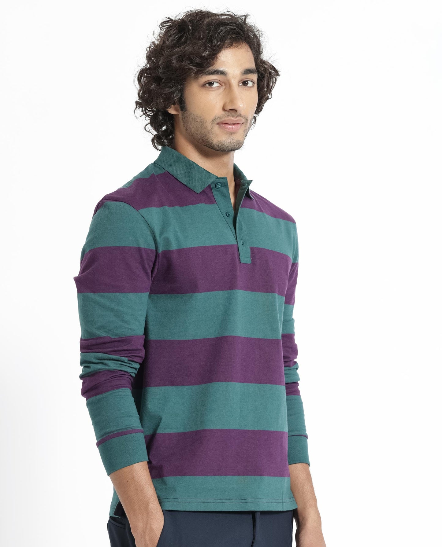 Rare Rabbit Men's Karen Dark Purple Collared Neck Full Sleeves Striped Polo T-Shirt