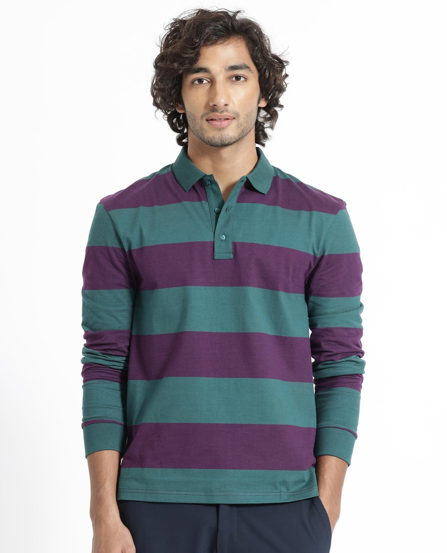 Rare Rabbit Men's Karen Dark Purple Collared Neck Full Sleeves Striped Polo T-Shirt