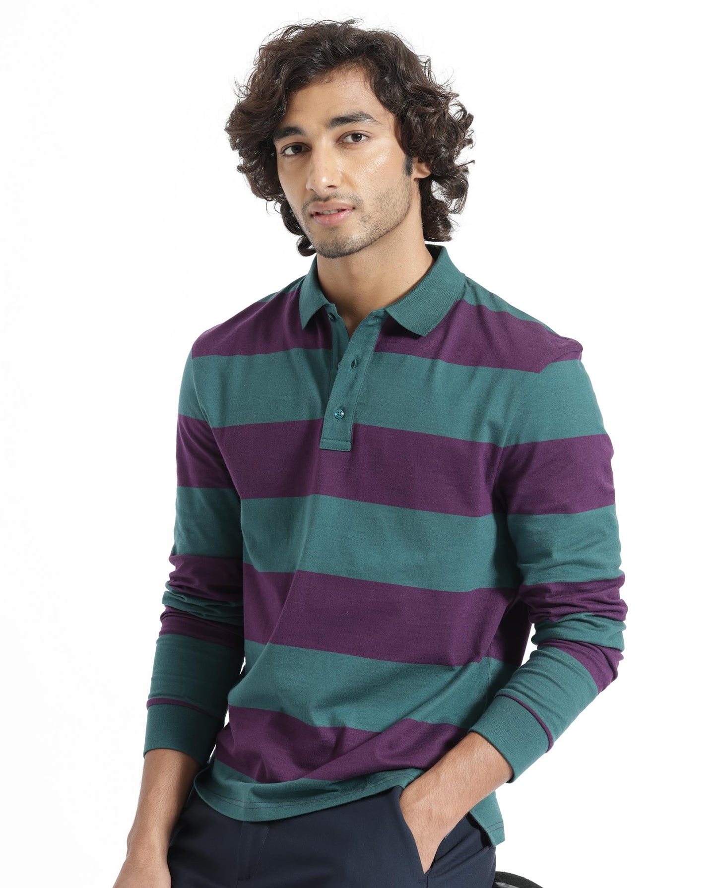 Rare Rabbit Men's Karen Dark Purple Collared Neck Full Sleeves Striped Polo T-Shirt