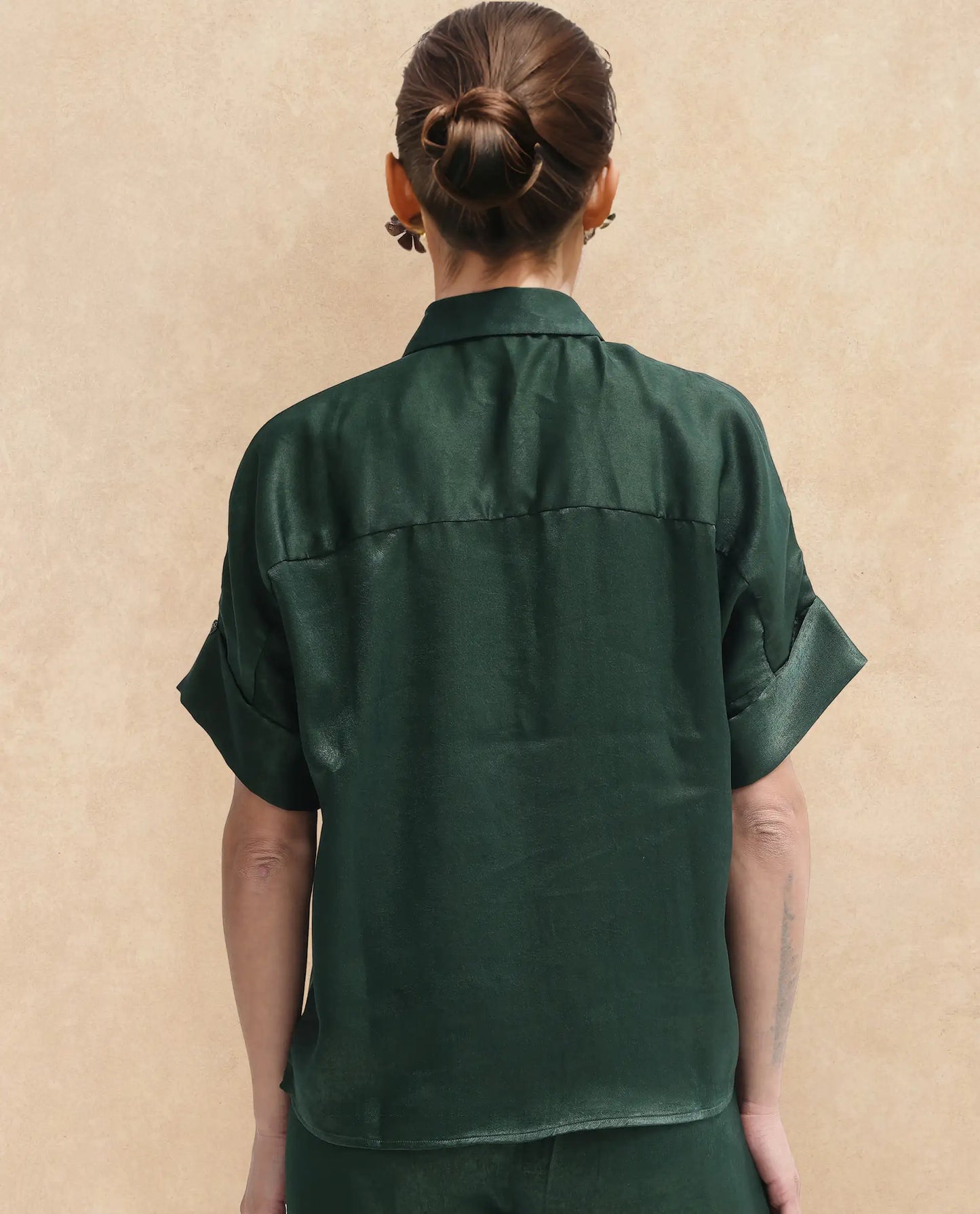 Rareism Women Lamona-T Dark Green Extended Sleeves Collared Neck Boxy Fit Plain Top