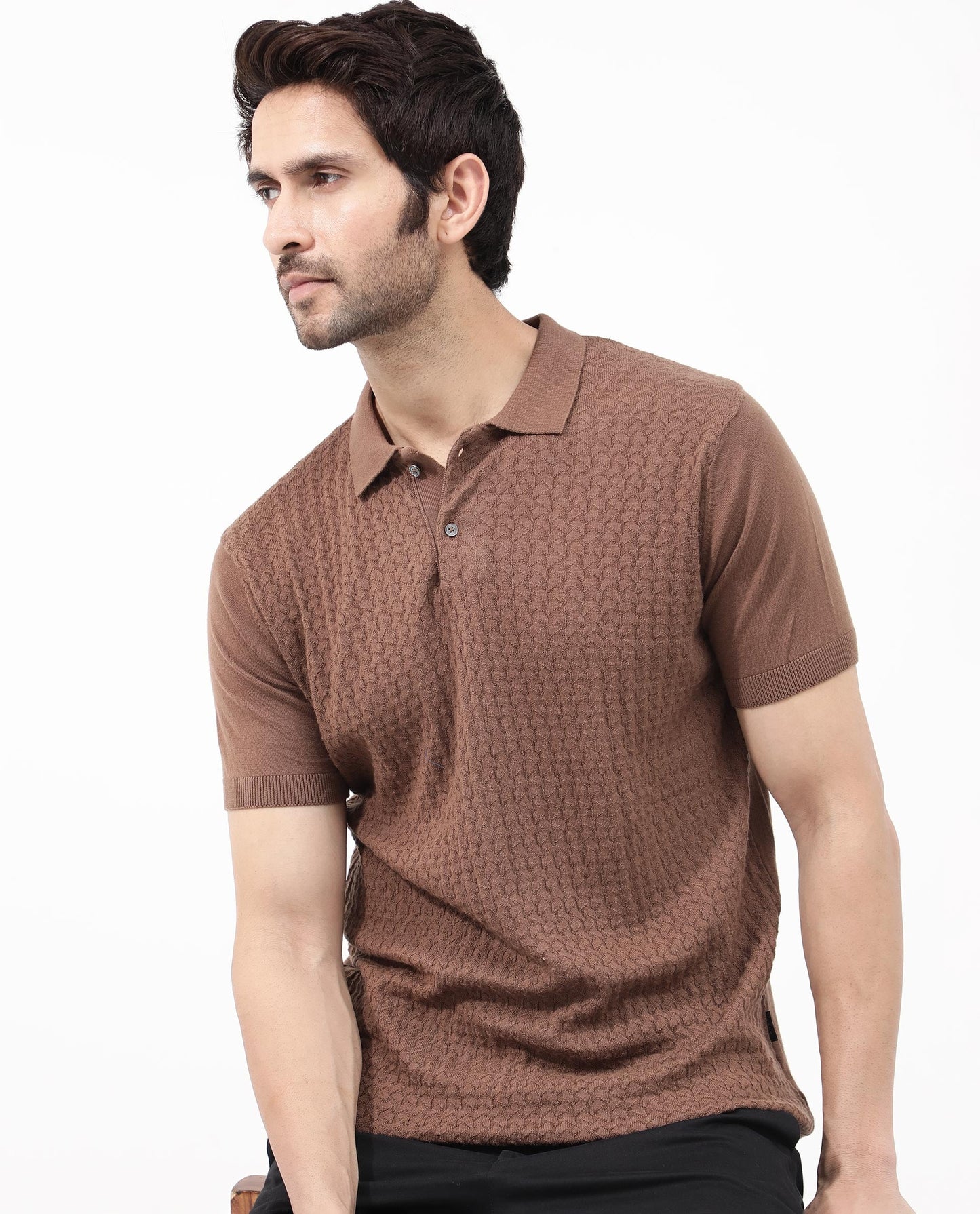 Rare Rabbit Men's Lincos Brown Cotton Fabric Collared Neck Half Sleeves Textured Polo T-Shirt