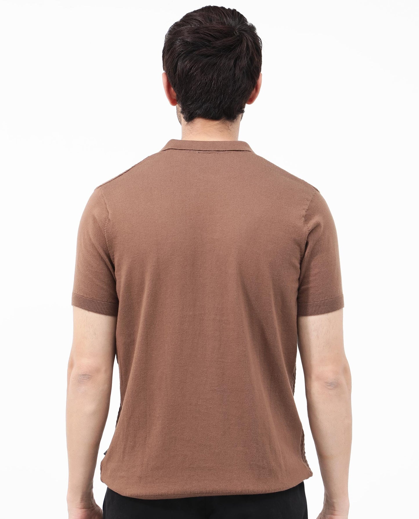 Rare Rabbit Men's Lincos Brown Cotton Fabric Collared Neck Half Sleeves Textured Polo T-Shirt