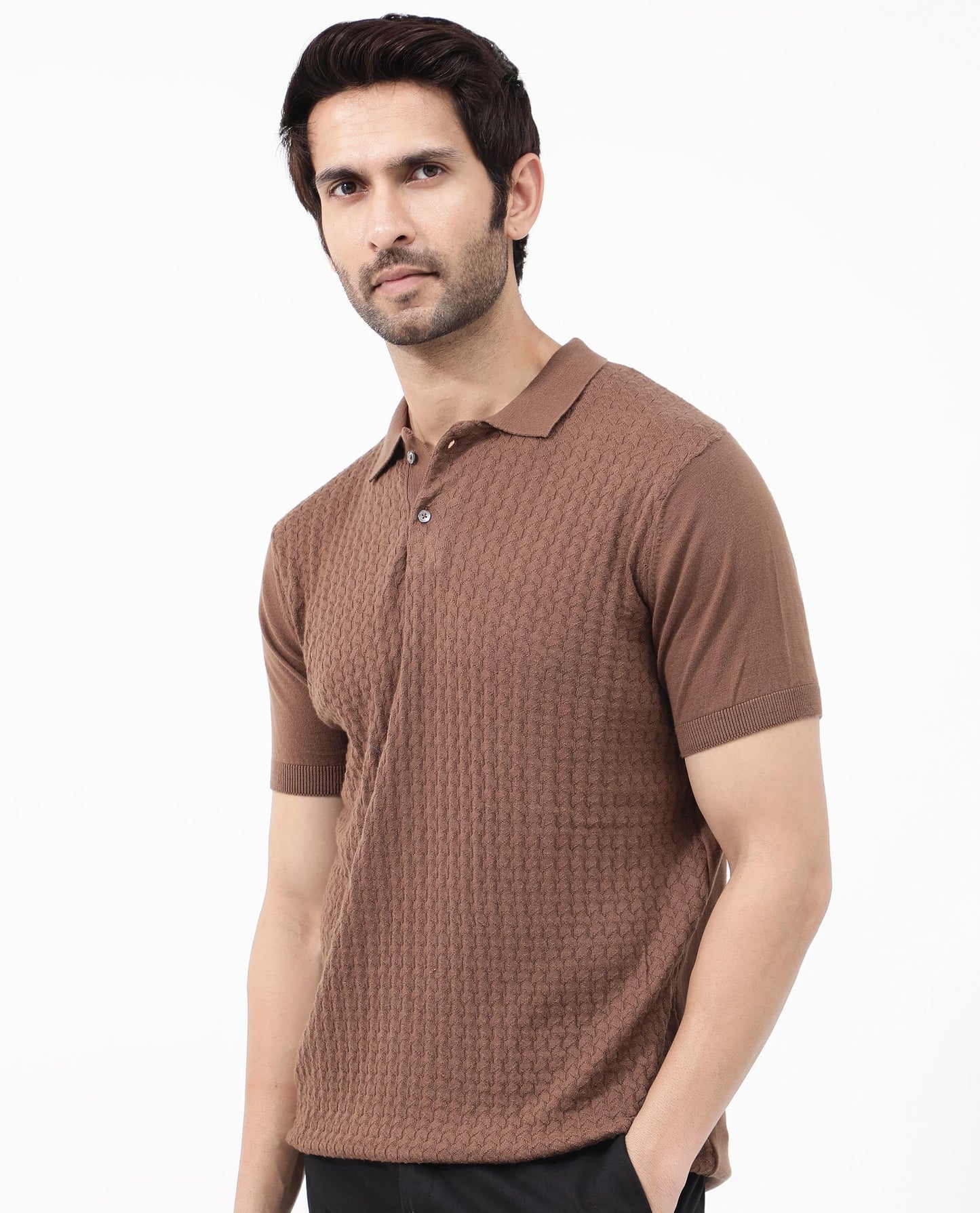 Rare Rabbit Men's Lincos Brown Cotton Fabric Collared Neck Half Sleeves Textured Polo T-Shirt