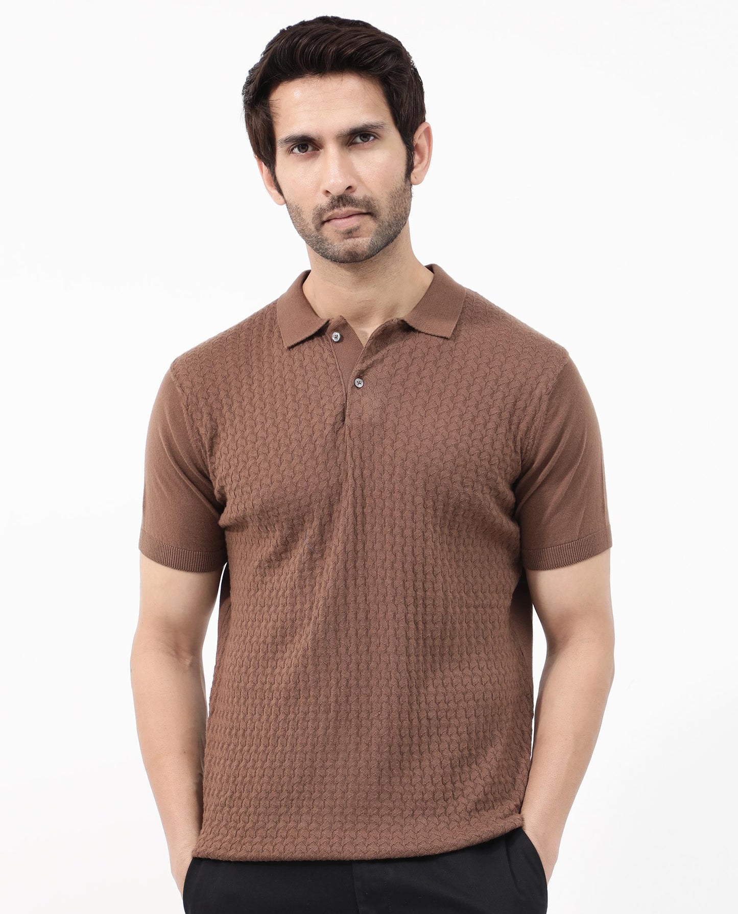Rare Rabbit Men's Lincos Brown Cotton Fabric Collared Neck Half Sleeves Textured Polo T-Shirt