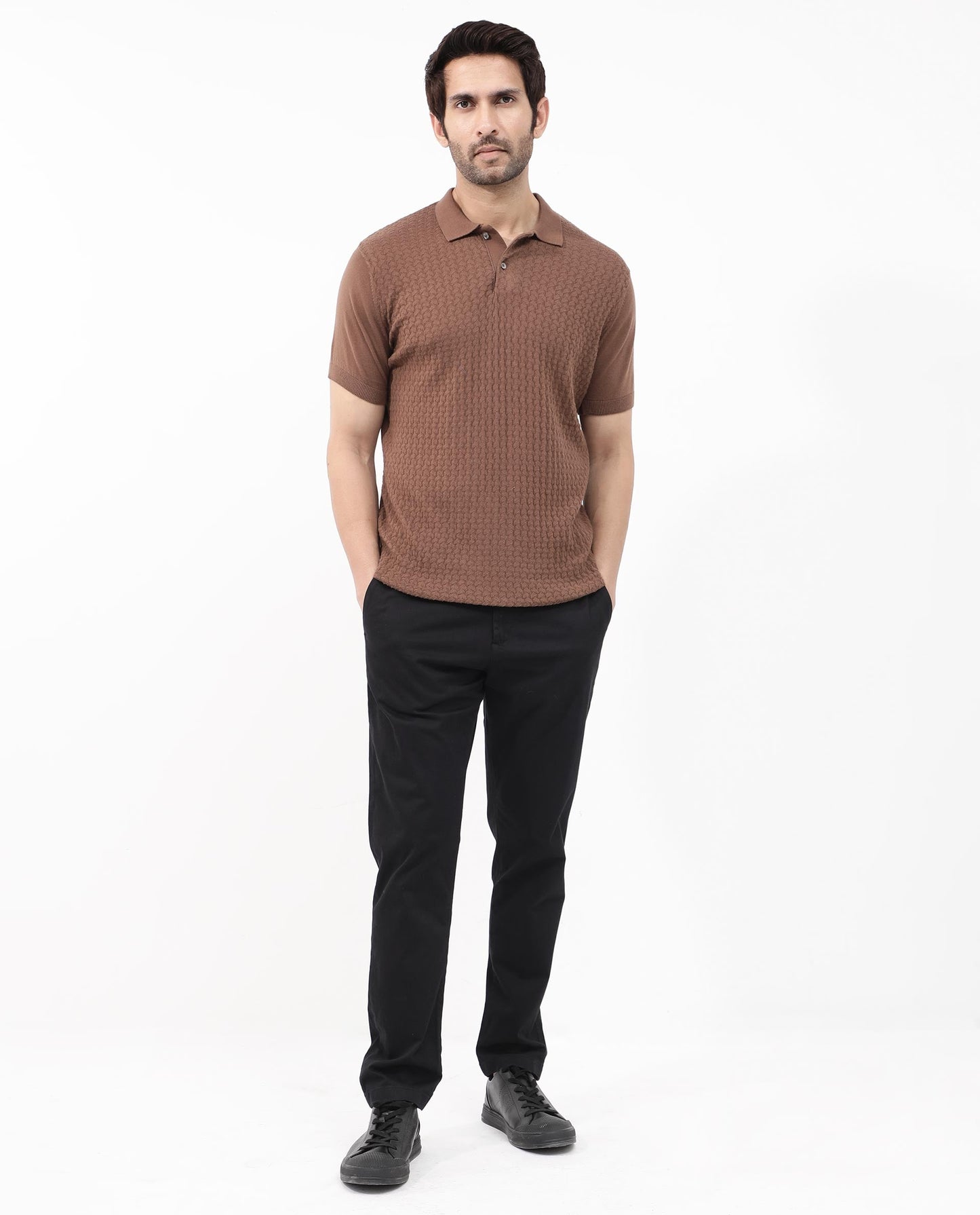 Rare Rabbit Men's Lincos Brown Cotton Fabric Collared Neck Half Sleeves Textured Polo T-Shirt