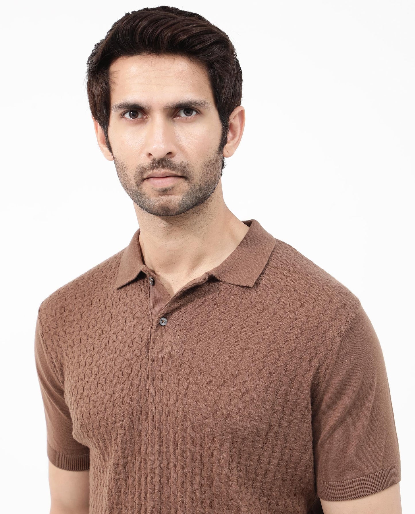 Rare Rabbit Men's Lincos Brown Cotton Fabric Collared Neck Half Sleeves Textured Polo T-Shirt