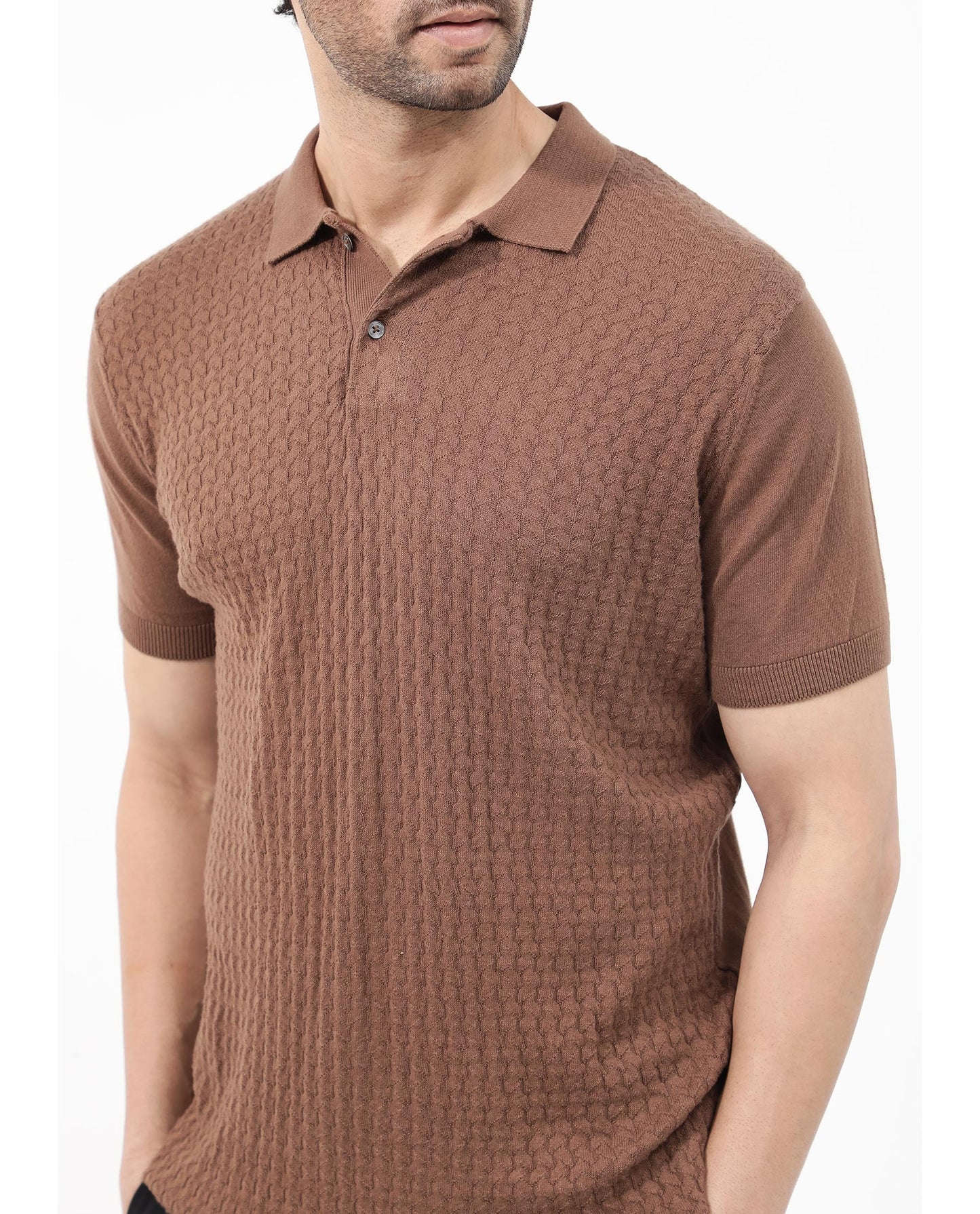 Rare Rabbit Men's Lincos Brown Cotton Fabric Collared Neck Half Sleeves Textured Polo T-Shirt