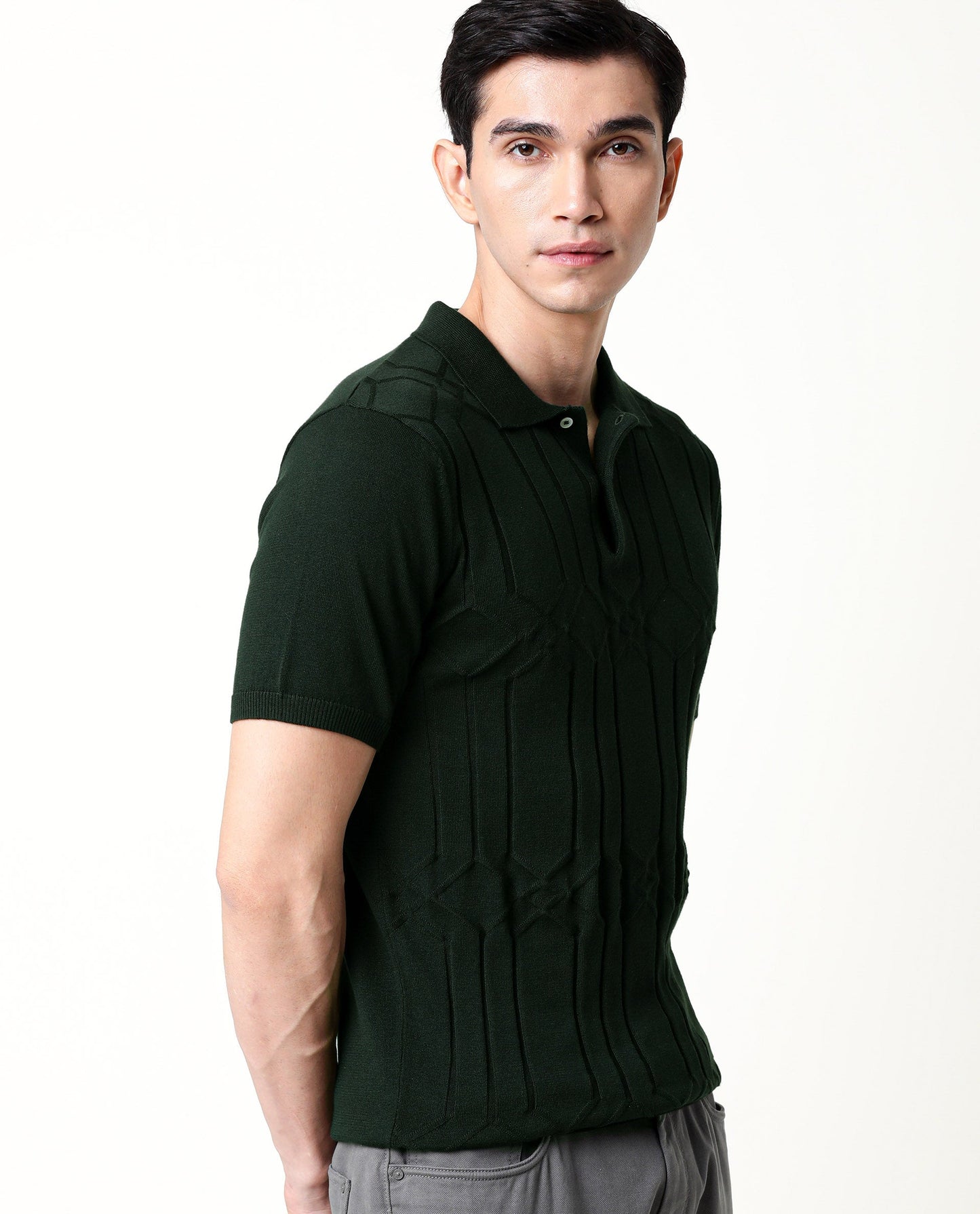 Rare Rabbit Men's Link Olive Cotton Fabric Collared Neck Flat Knit Half Sleeve Polo