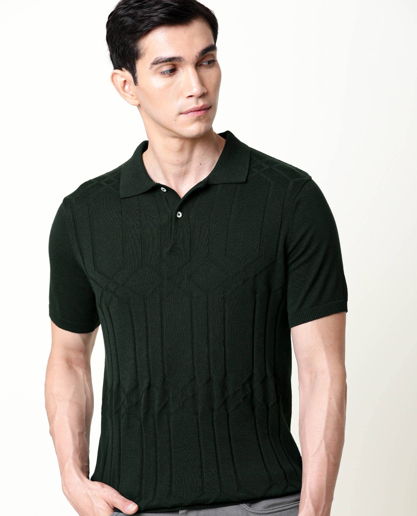 Rare Rabbit Men's Link Olive Cotton Fabric Collared Neck Flat Knit Half Sleeve Polo