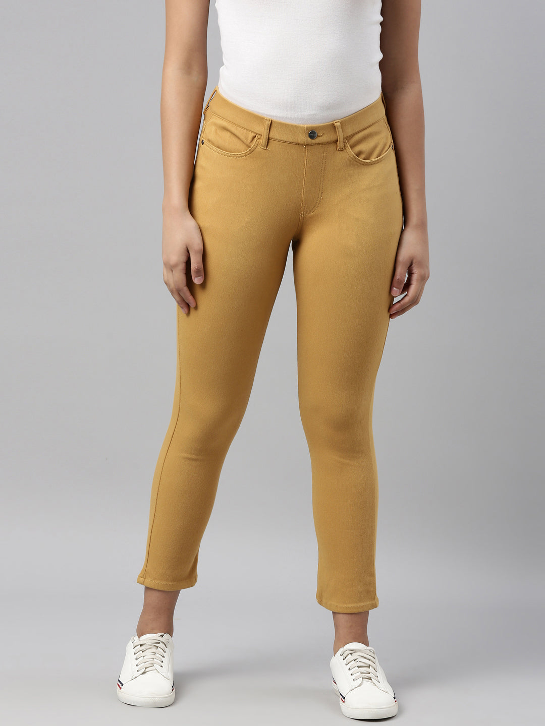 Mustard Cotton Poly Stretch Cropped Colored Jeggings