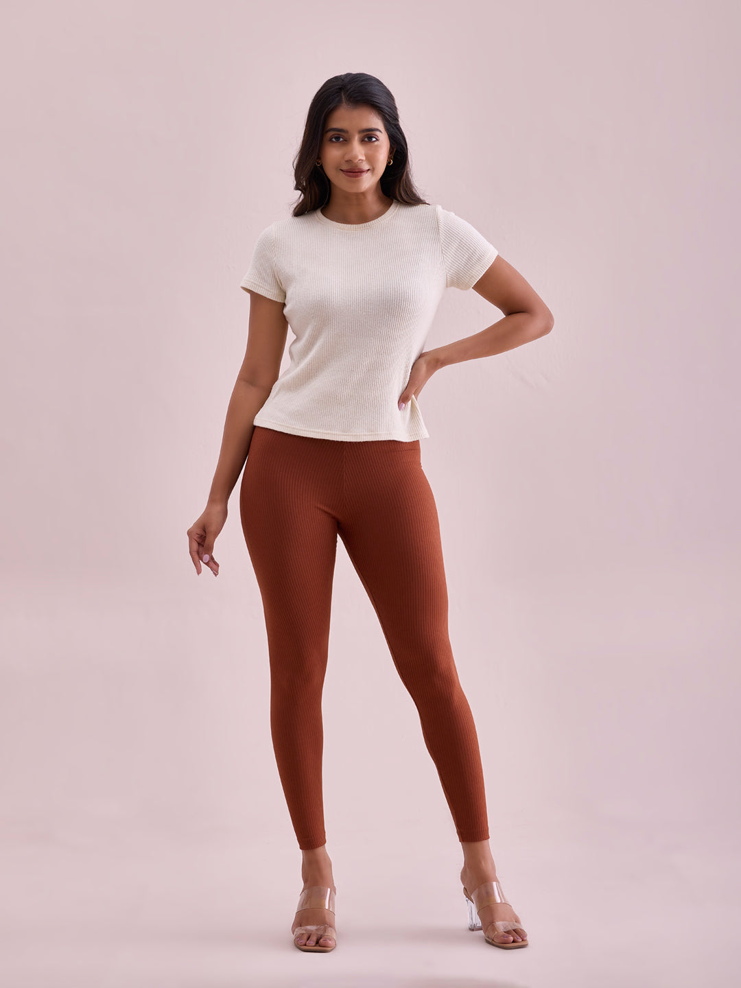 Dark Brown Drop Needle Fabric Rib Leggings