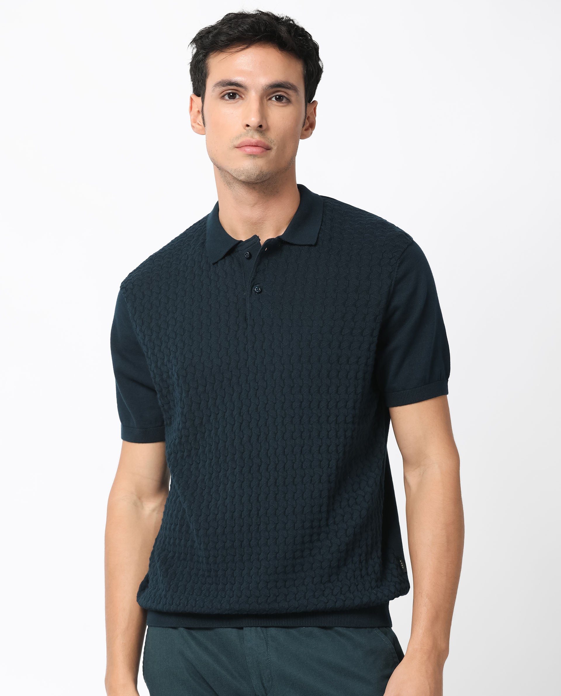 Rare Rabbit Men's Lincos Petrol Cotton Fabric Collared Neck Half Sleeves Textured Polo T-Shirt