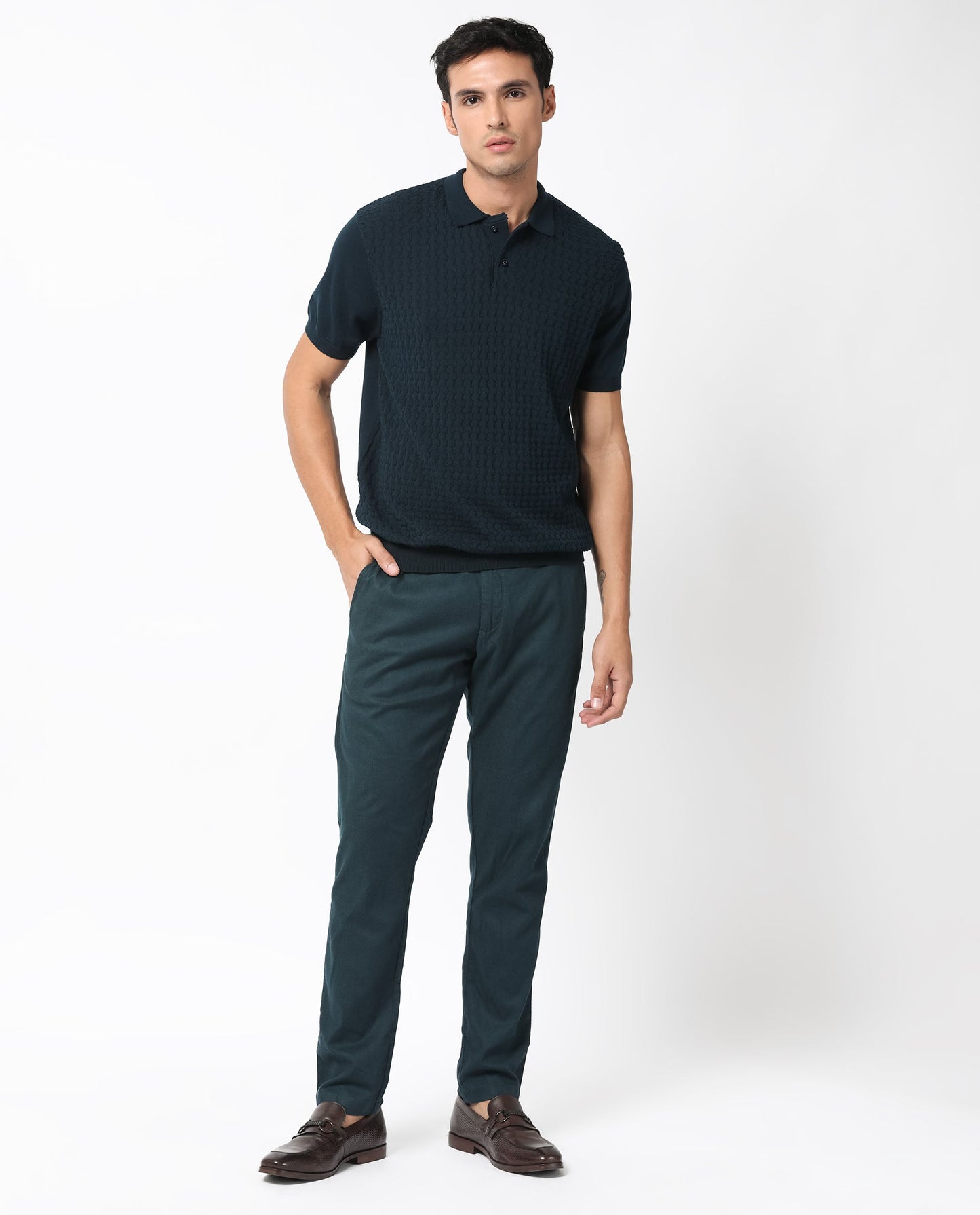 Rare Rabbit Men's Lincos Petrol Cotton Fabric Collared Neck Half Sleeves Textured Polo T-Shirt