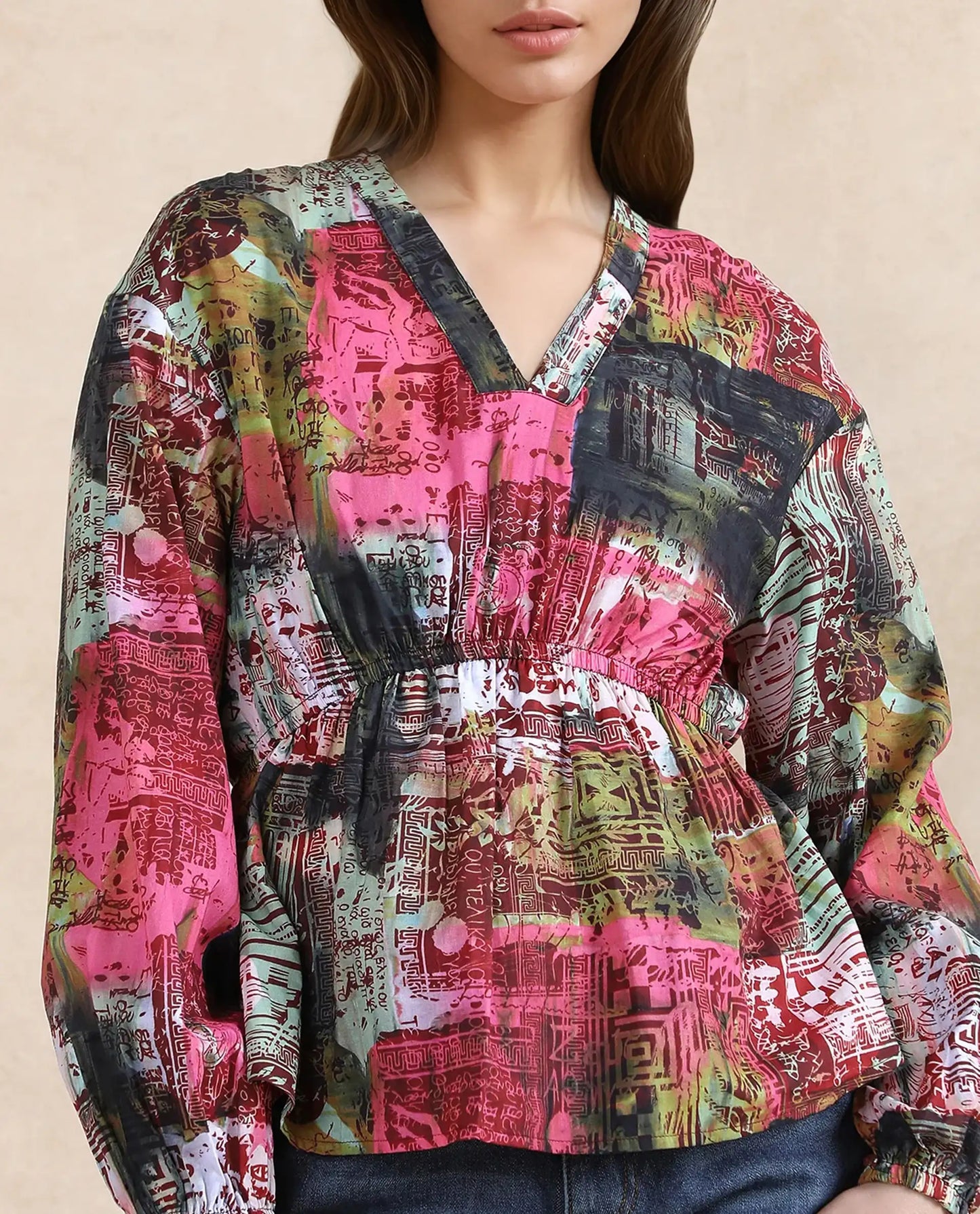 Rareism Women Lobbc Multi Bishop Sleeve V-Neck Button Closure Fit And Flare Abstract Print Top