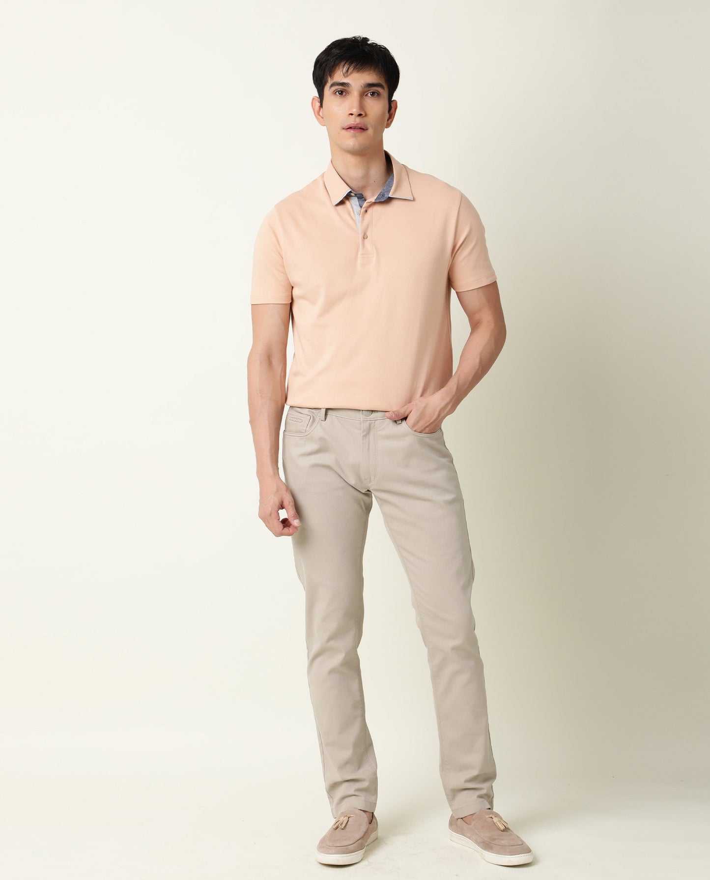 Rare Rabbit Men's Zap Peach Solid Cotton Fabric Collared Neck Half Sleeve Polo T-Shirt