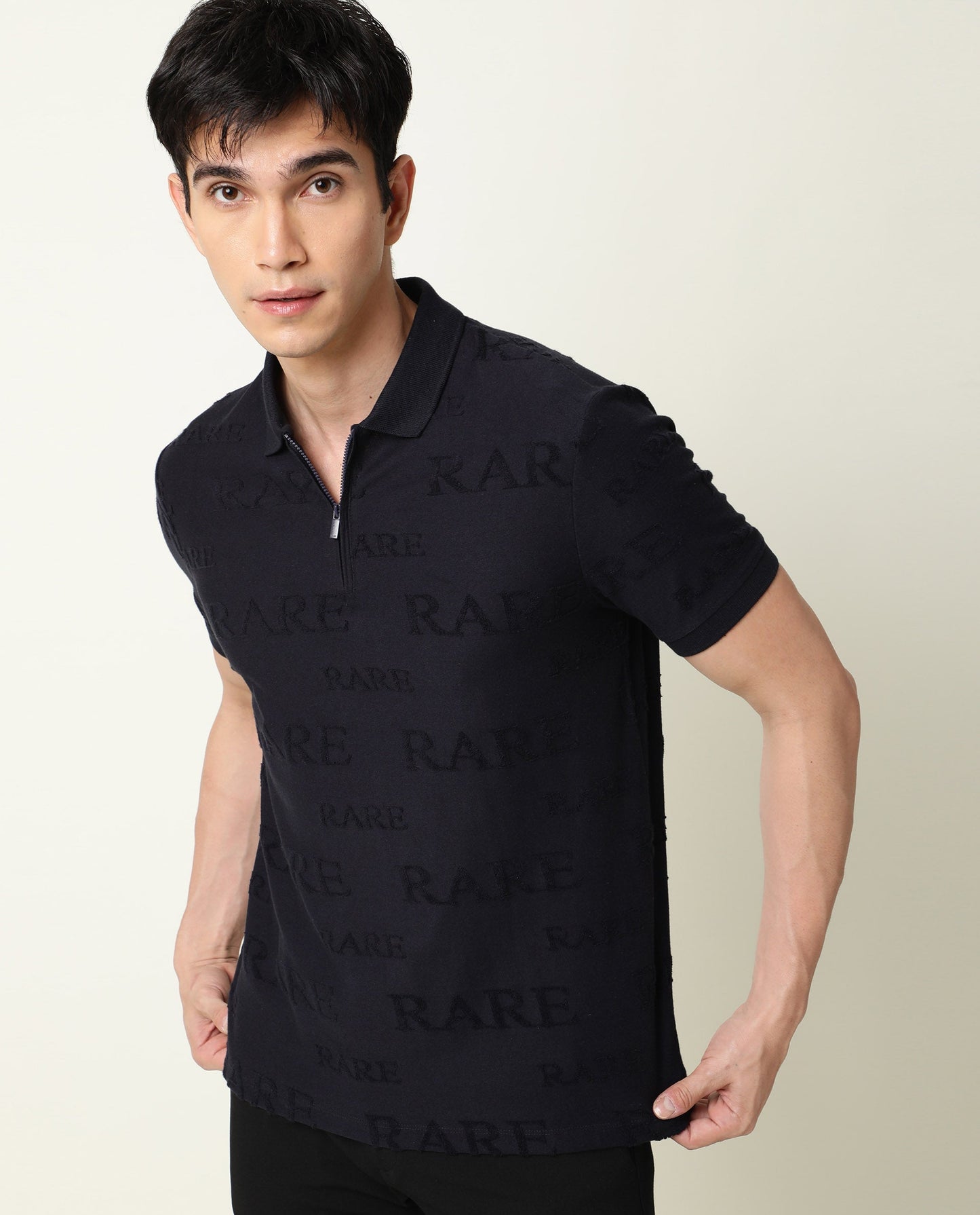 Rare Rabbit Men's Gesset-1 Navy Cotton Fabric Collared Neck Half Sleeves Statement Polo