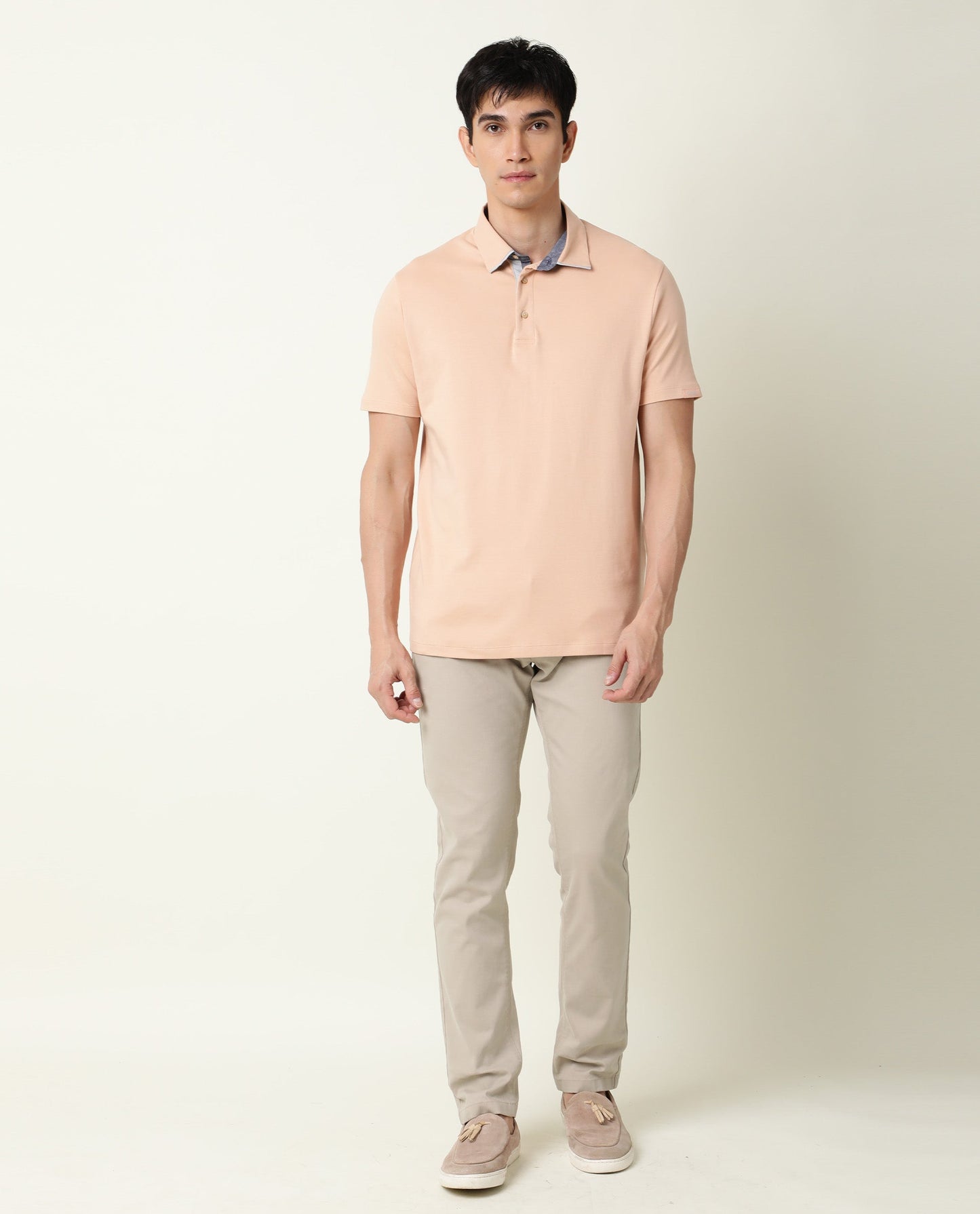 Rare Rabbit Men's Zap Peach Solid Cotton Fabric Collared Neck Half Sleeve Polo T-Shirt